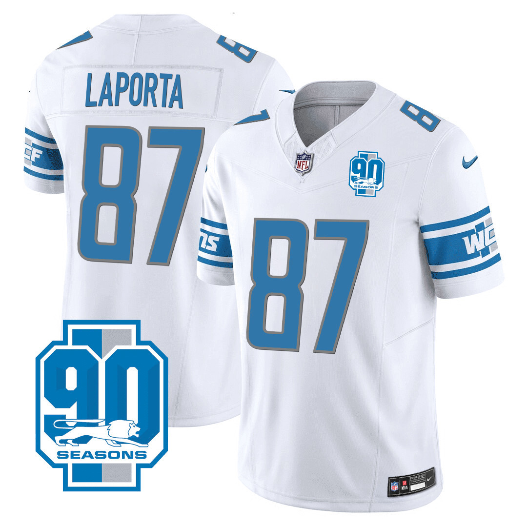 Sam Laporta Men's Detroit Lions 90th Year Patch White Jersey - All Stitched