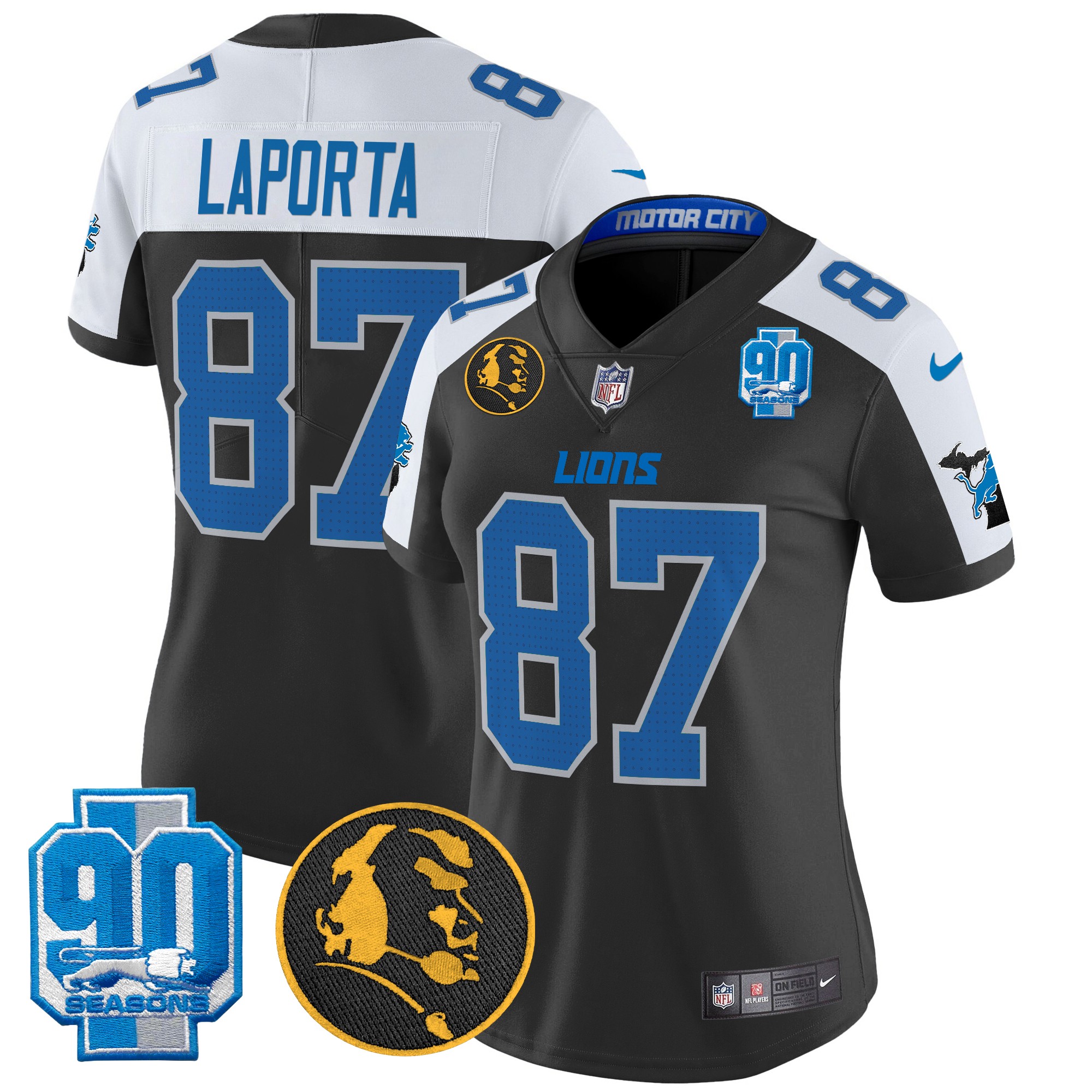 Sam Laporta Women's Detroit Lions 2024 90th & John Madden Patch Vapor Limited Black Alternate Jersey - All Stitched