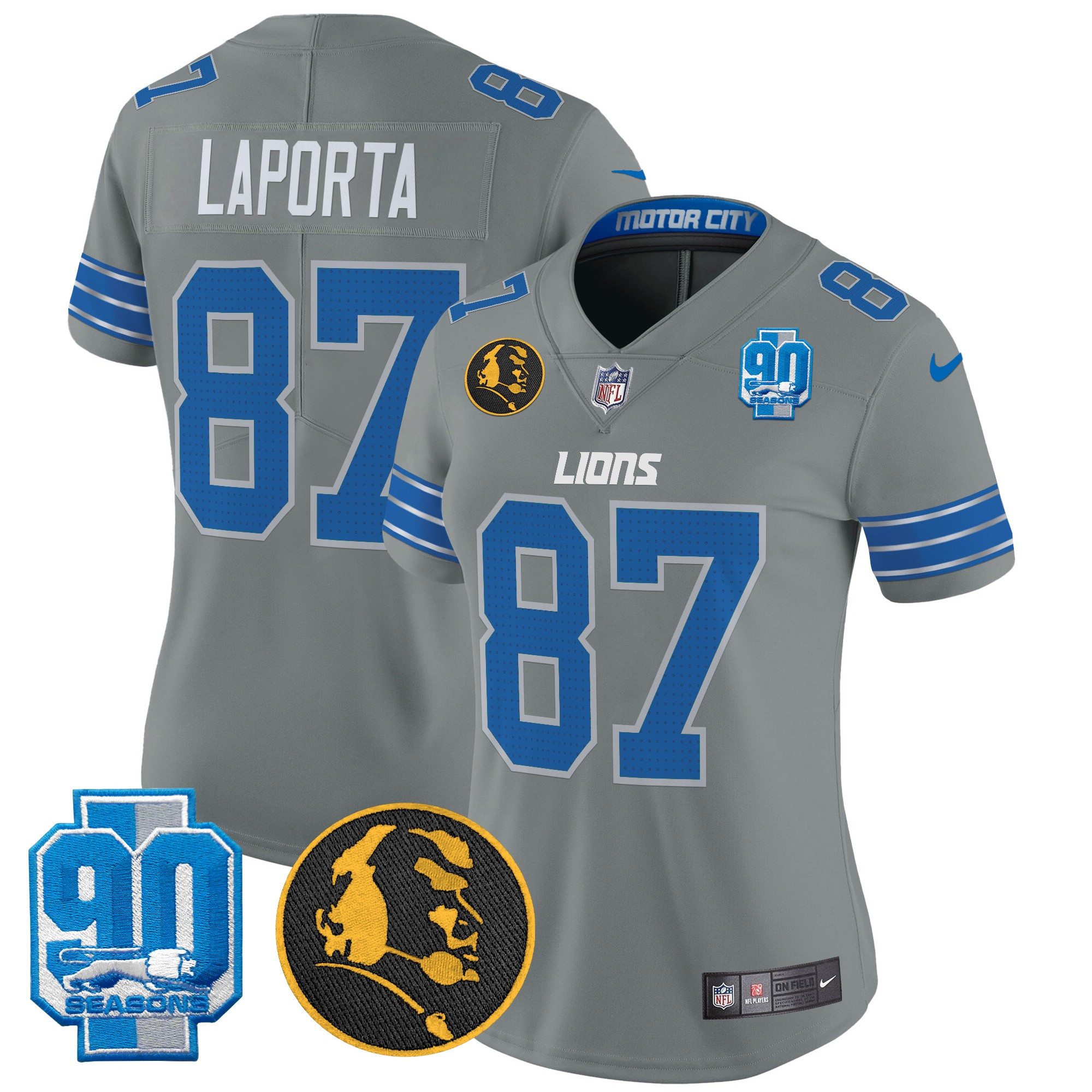 Sam Laporta Women's Detroit Lions 2024 90th & John Madden Patch Vapor Limited Gray Jersey - All Stitched