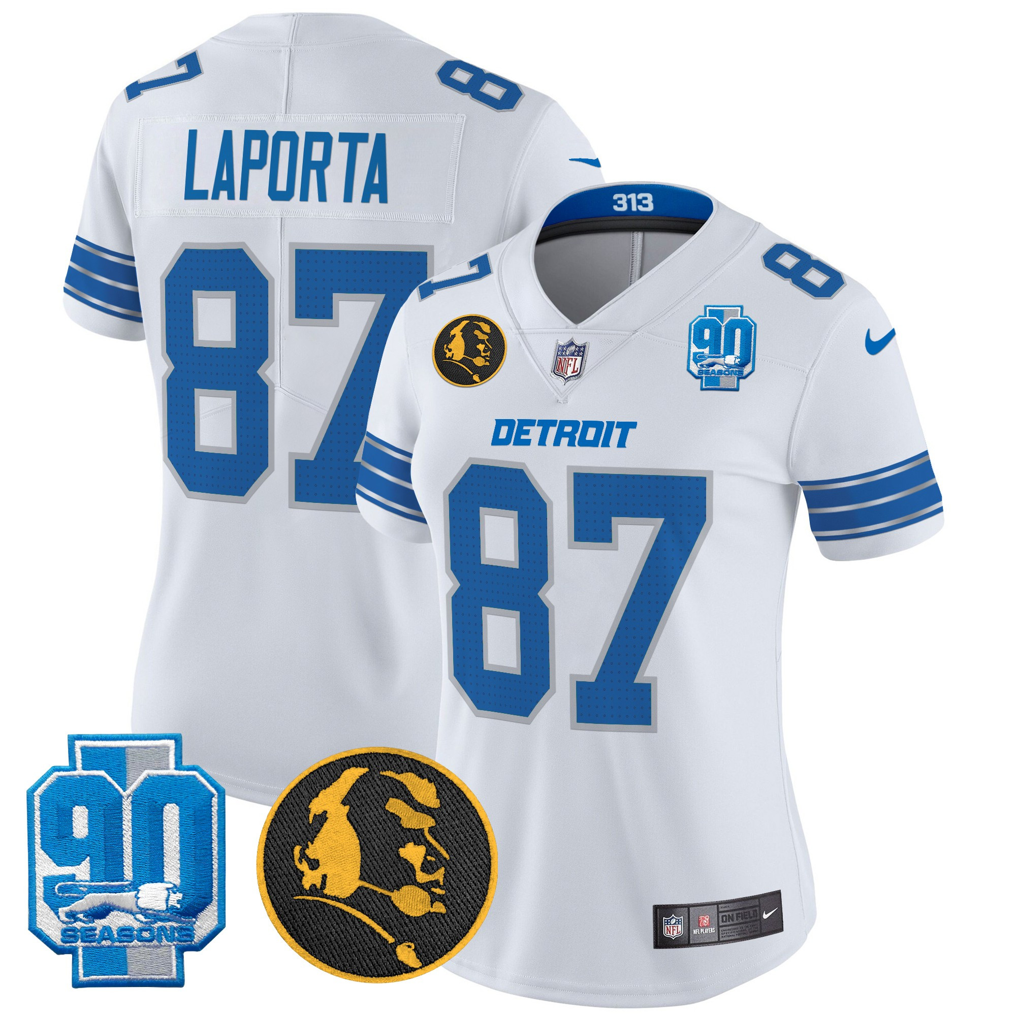 Sam Laporta Women's Detroit Lions 2024 90th & John Madden Patch Vapor Limited White Jersey - All Stitched