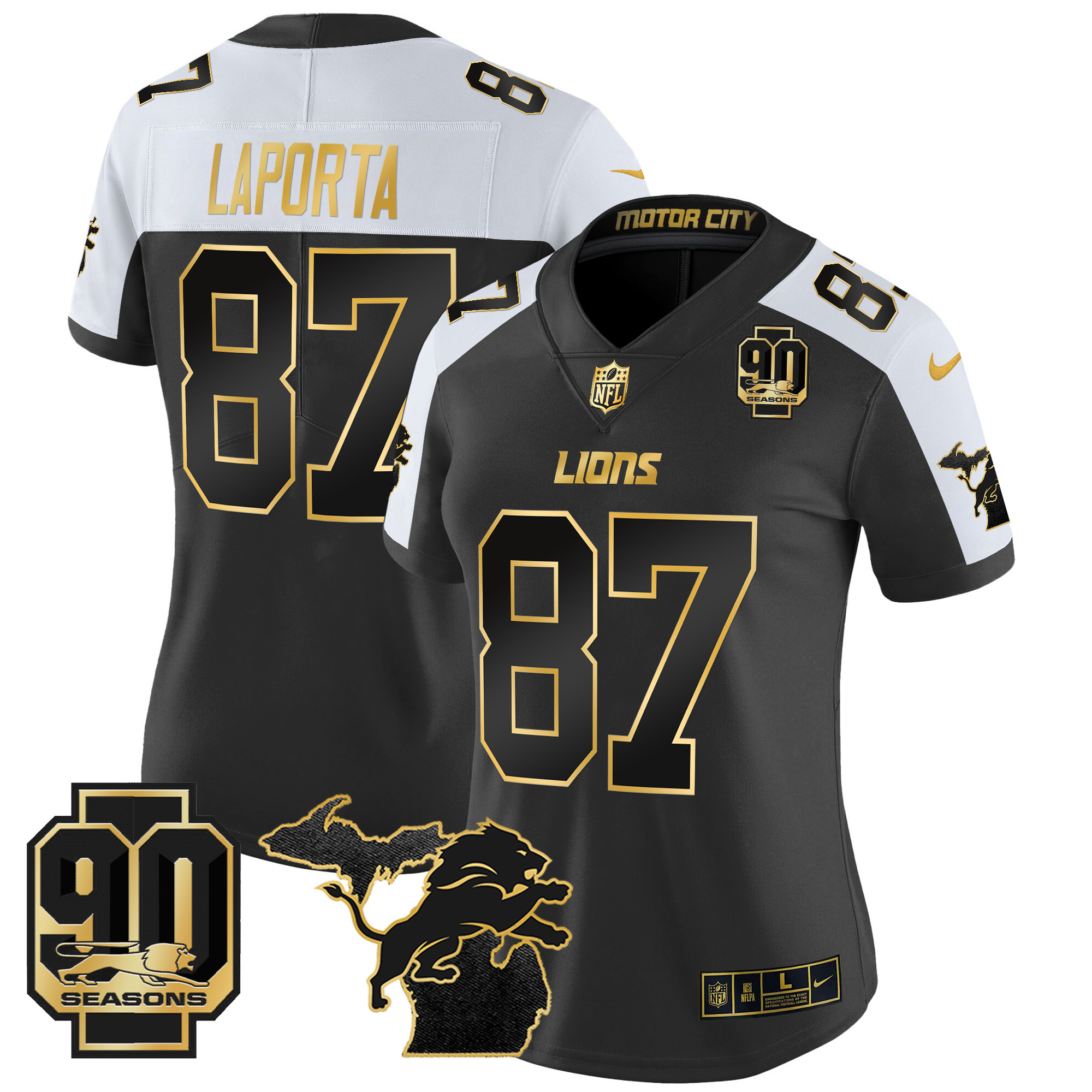 Sam Laporta Women's Detroit Lions 2024 Michigan & 90th Year Patch Gold Vapor Limited Alternate Jersey - All Stitched
