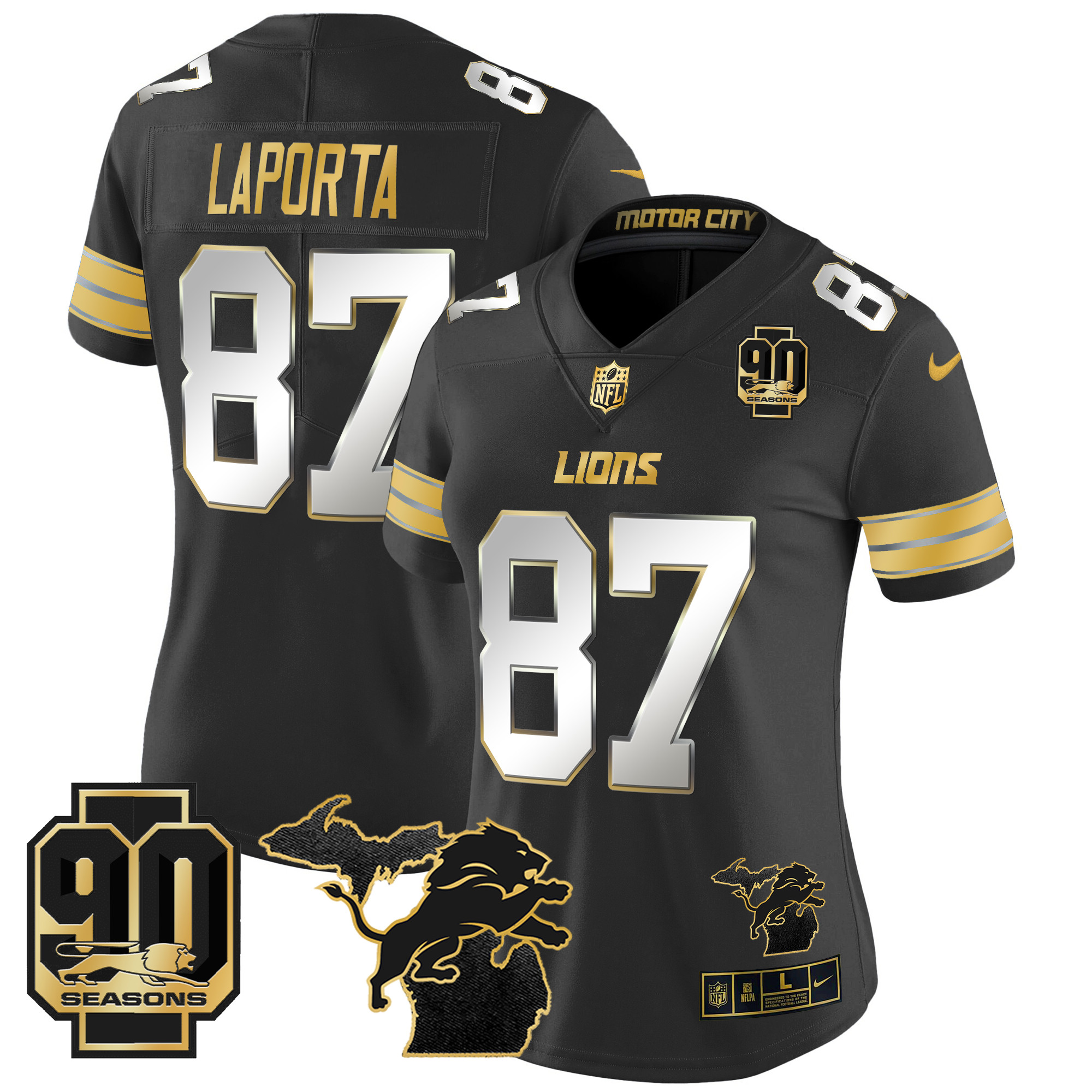 Sam Laporta Women's Detroit Lions 2024 Michigan & 90th Year Patch Gold Vapor Limited Black Limited Jersey - All Stitched