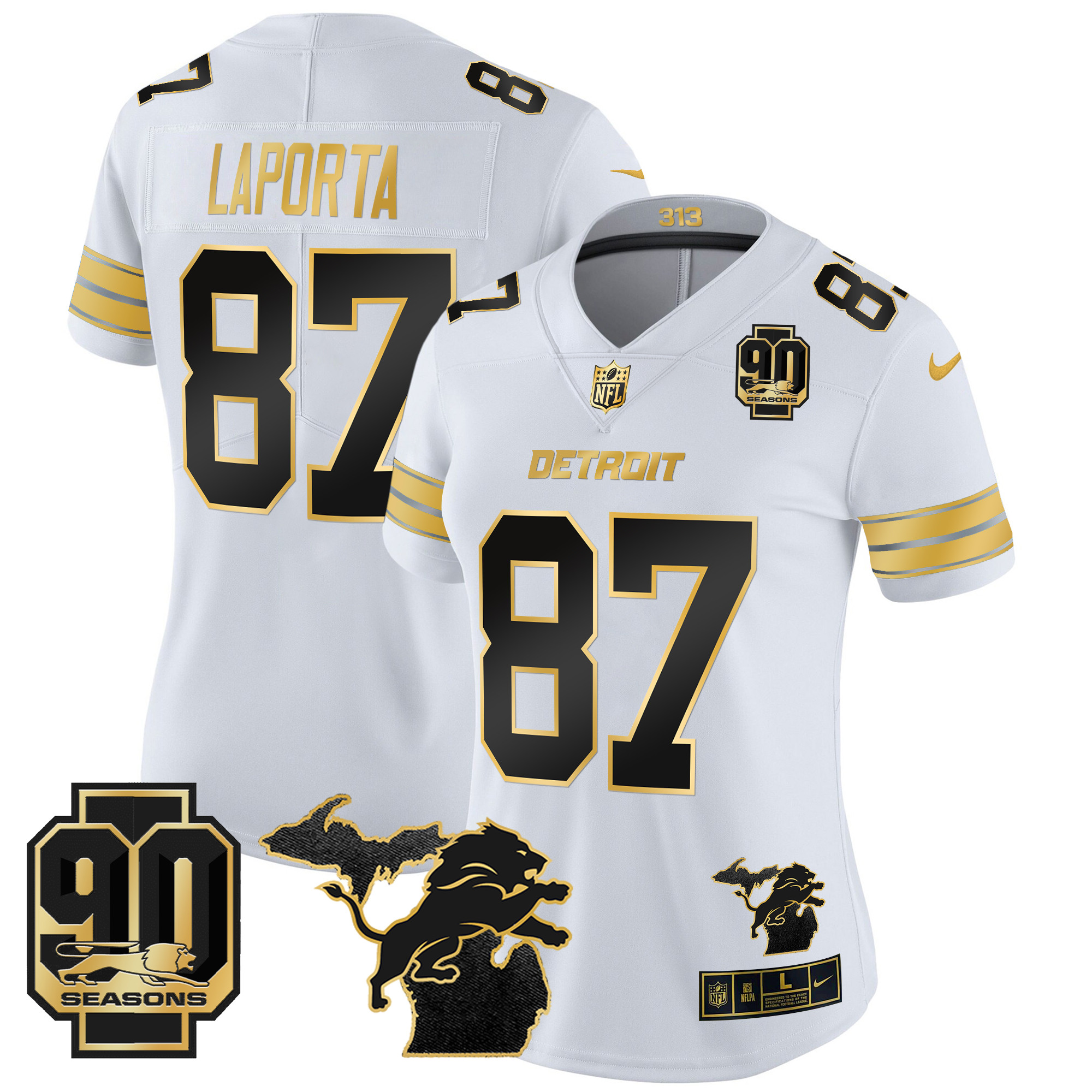 Sam Laporta Women's Detroit Lions 2024 Michigan & 90th Year Patch Gold Vapor Limited White Gold Jersey - All Stitched