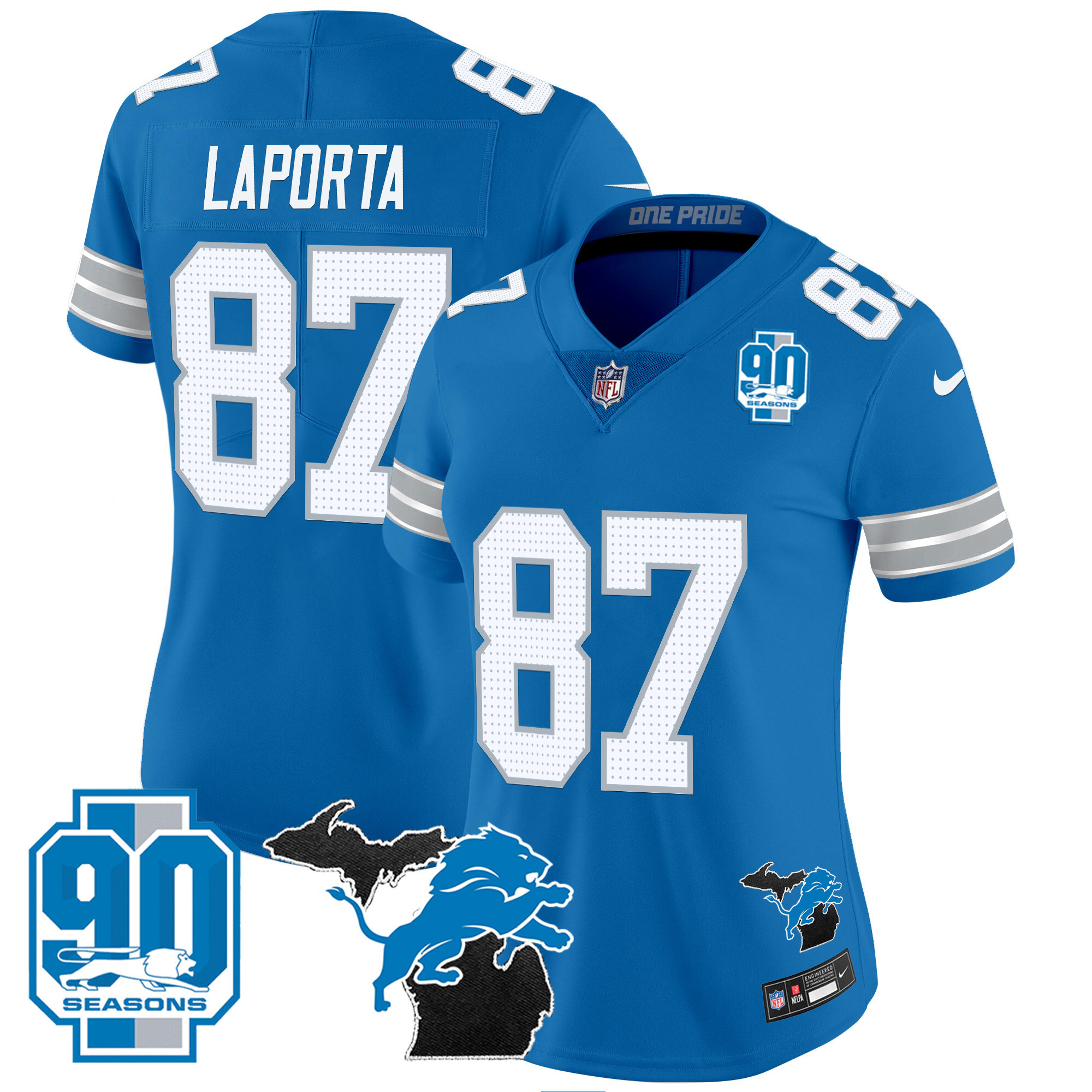 Sam Laporta Women's Detroit Lions 2024 Michigan & 90th Year Patch Vapor Blue Jersey - All Stitched