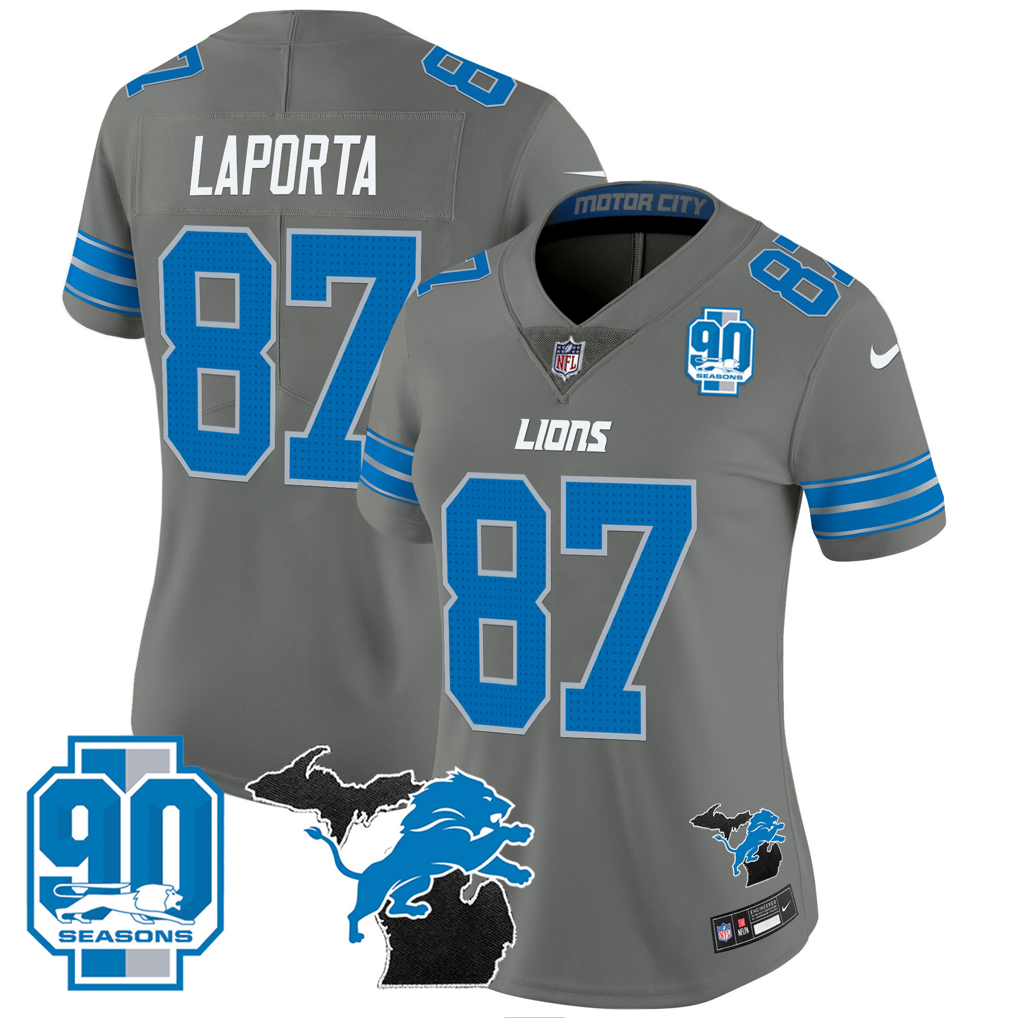 Sam Laporta Women's Detroit Lions 2024 Michigan & 90th Year Patch Vapor Gray Jersey - All Stitched