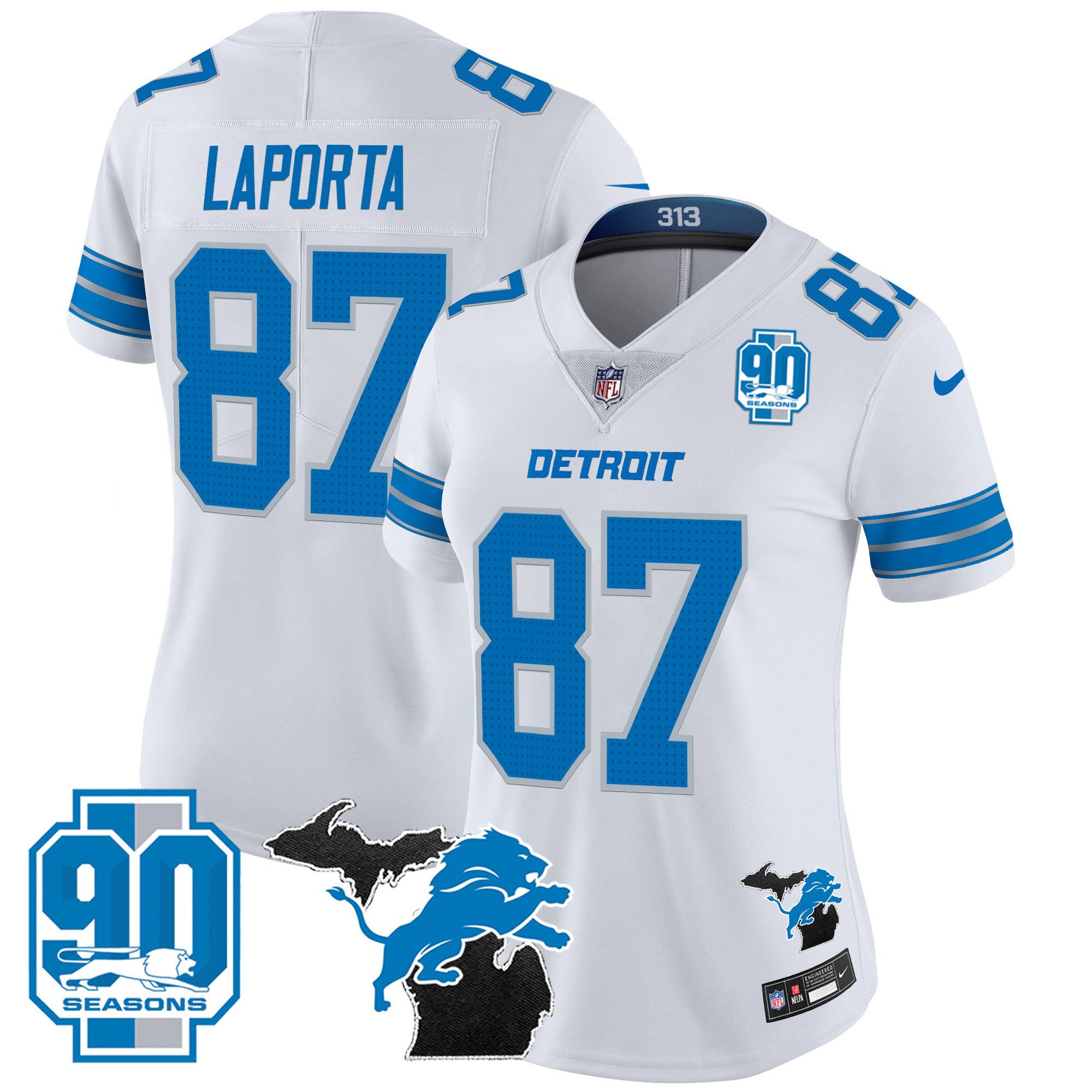 Sam Laporta Women's Detroit Lions 2024 Michigan & 90th Year Patch Vapor White Jersey - All Stitched
