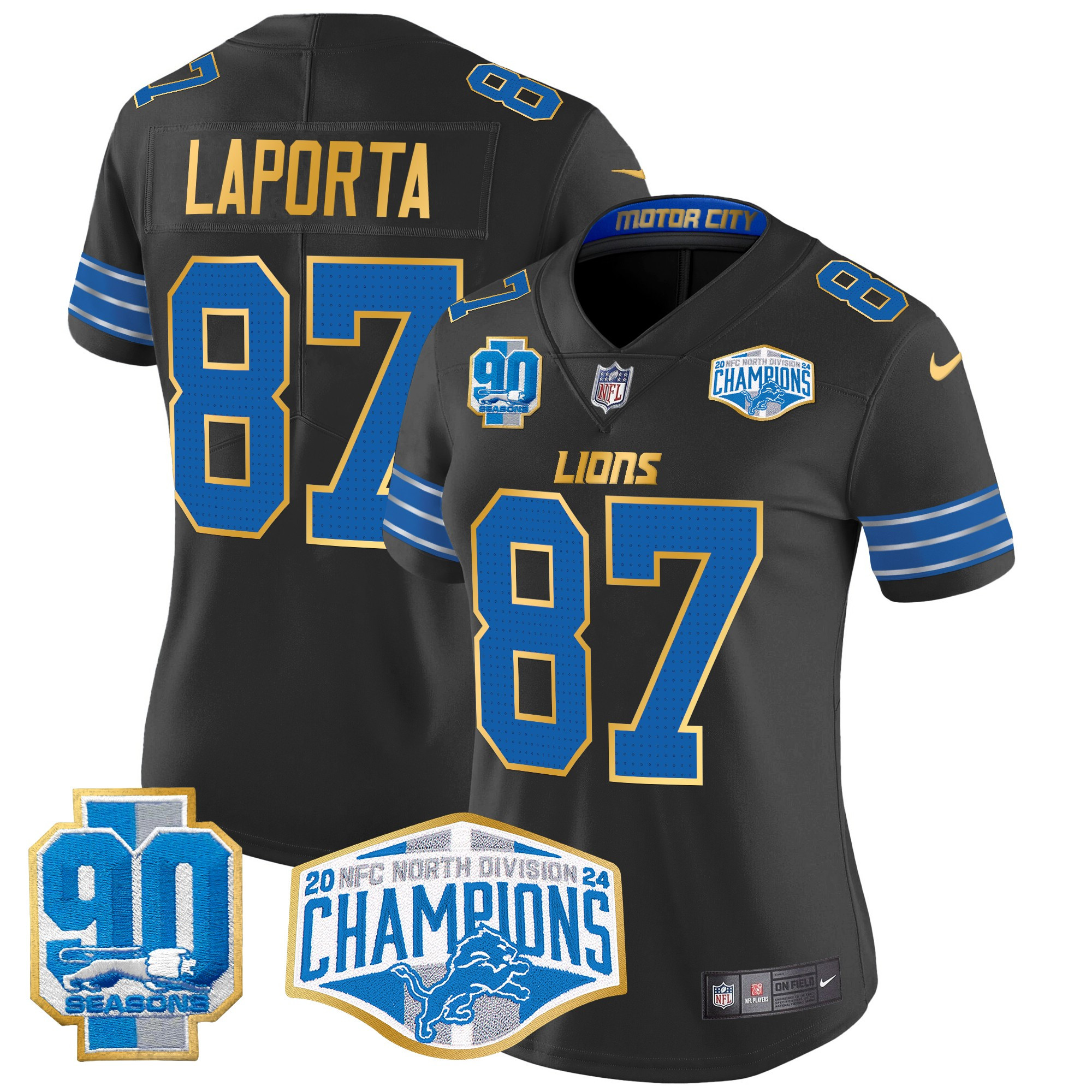 Sam Laporta Women's Detroit Lions 2024 NFC North Division Champions Patch Gold Trim Vapor Limited Black Jersey - All Stitched
