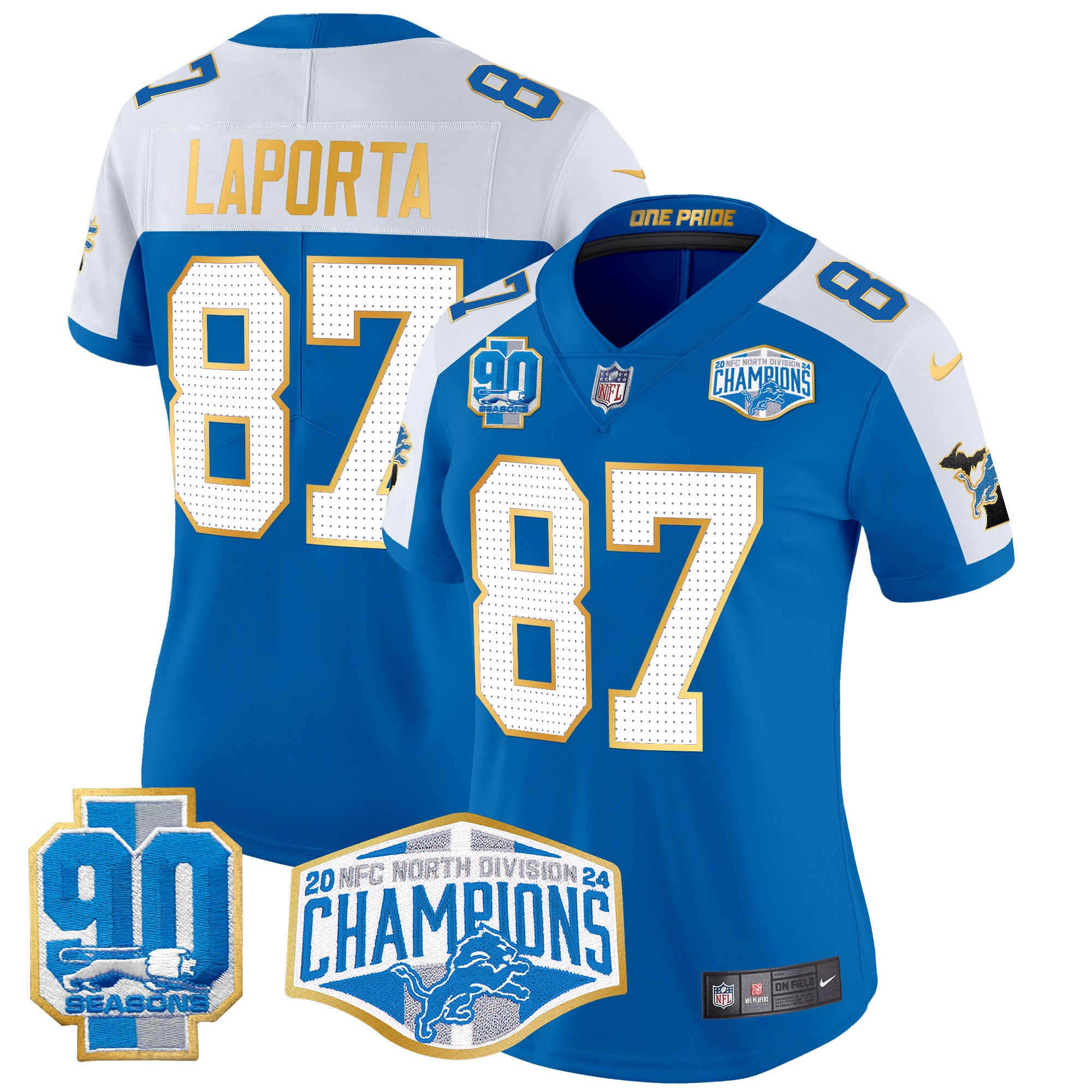 Sam Laporta Women's Detroit Lions 2024 NFC North Division Champions Patch Gold Trim Vapor Limited Blue Alternate Jersey - All Stitched