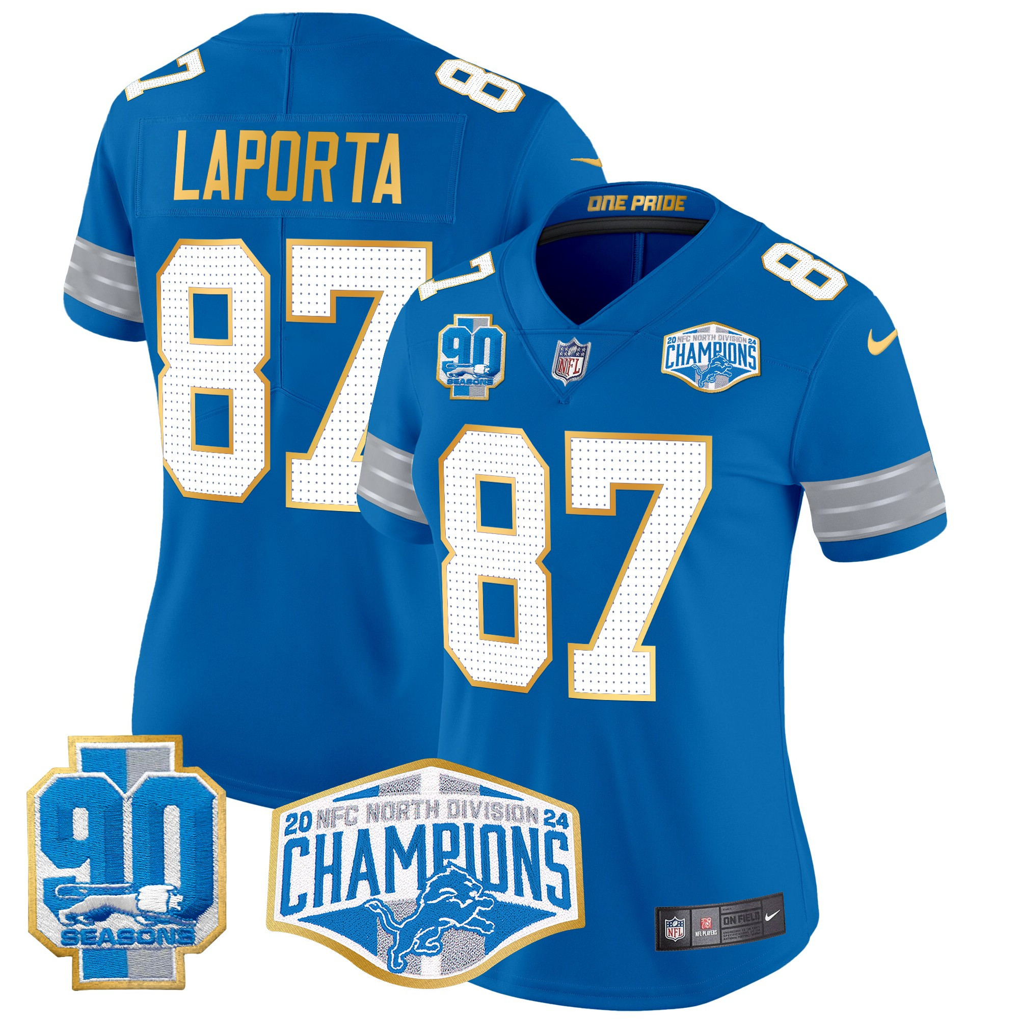 Sam Laporta Women's Detroit Lions 2024 NFC North Division Champions Patch Gold Trim Vapor Limited Blue Jersey - All Stitched