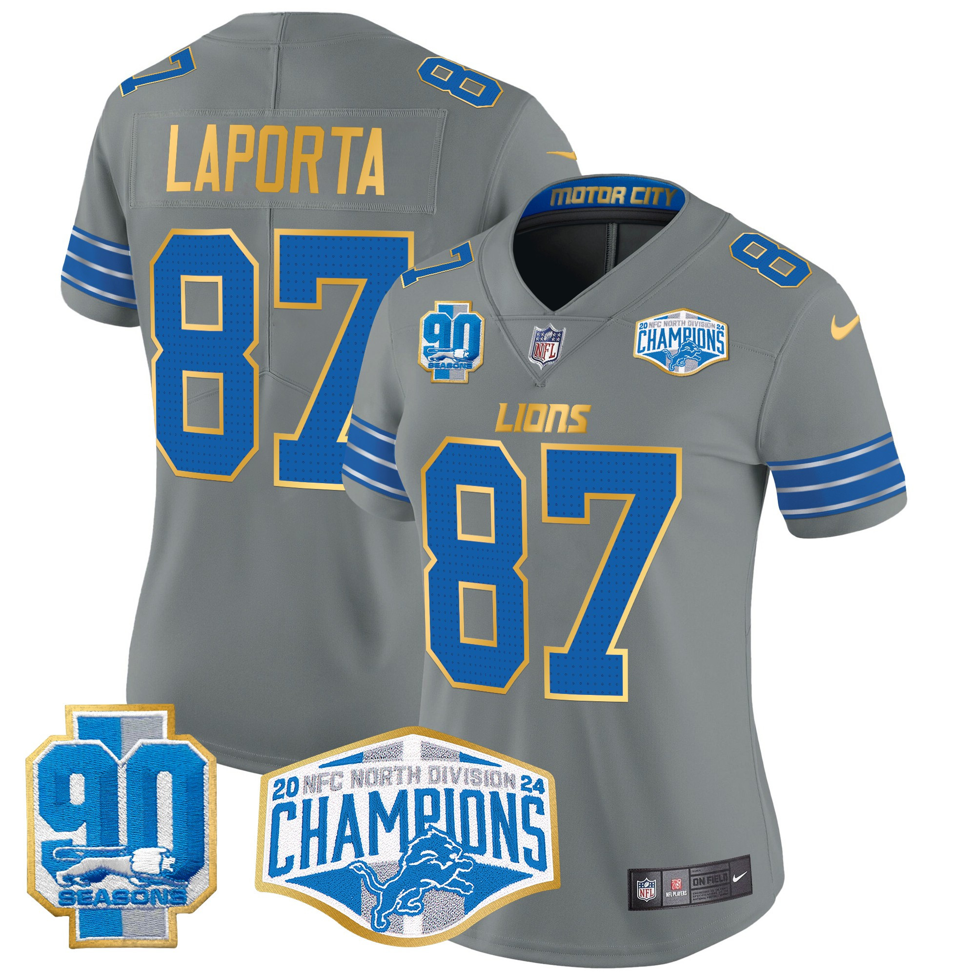 Sam Laporta Women's Detroit Lions 2024 NFC North Division Champions Patch Gold Trim Vapor Limited Gray Jersey - All Stitched