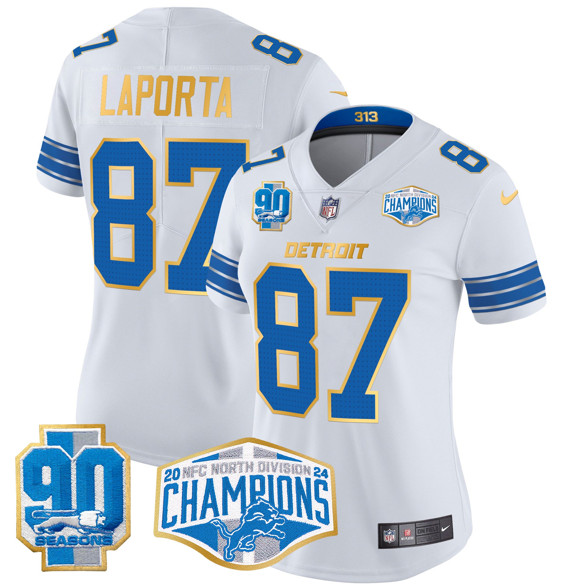 Sam Laporta Women's Detroit Lions 2024 NFC North Division Champions Patch Gold Trim Vapor Limited White Jersey - All Stitched