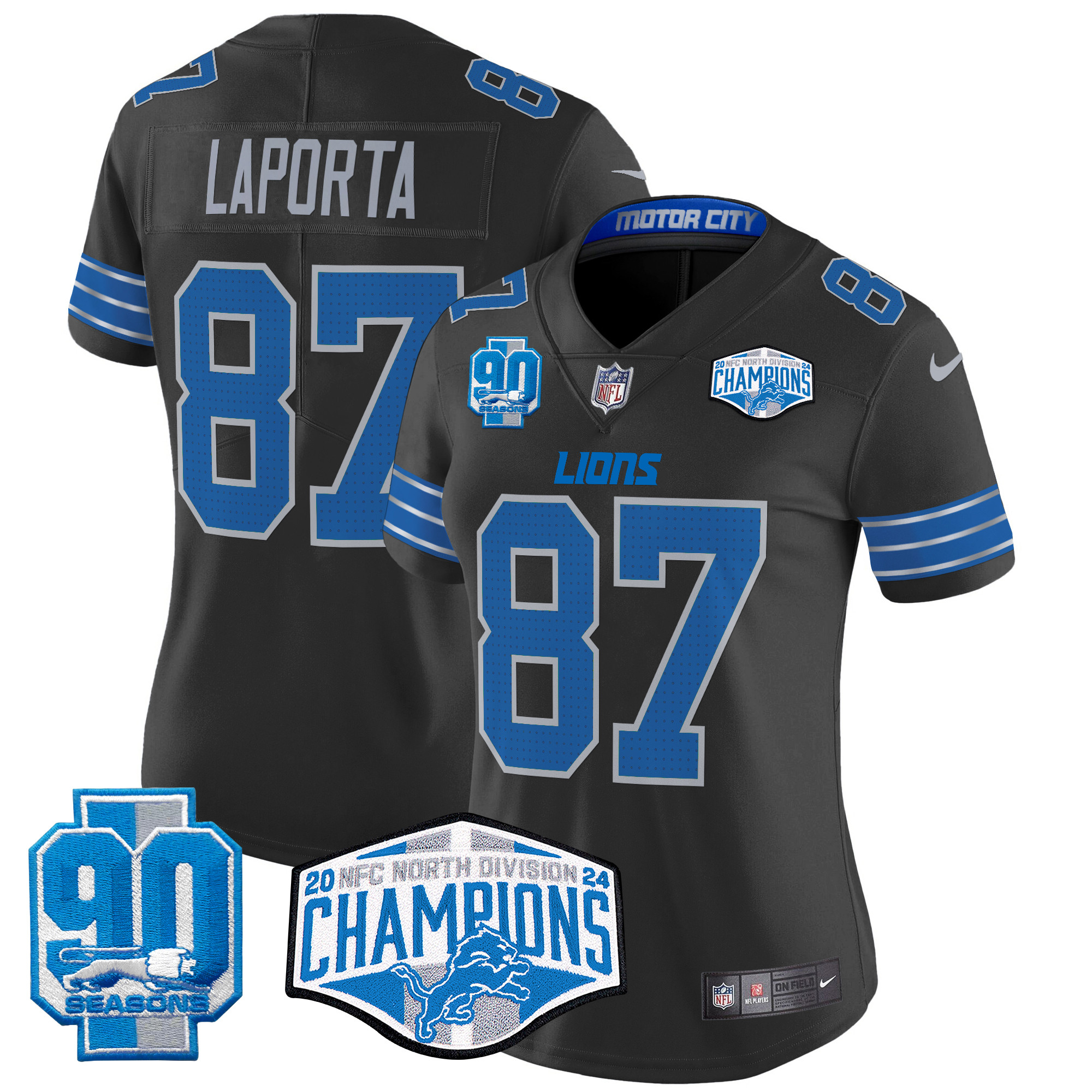 Sam Laporta Women's Detroit Lions 2024 NFC North Division Champions Patch Vapor Limited Black Jersey - All Stitched