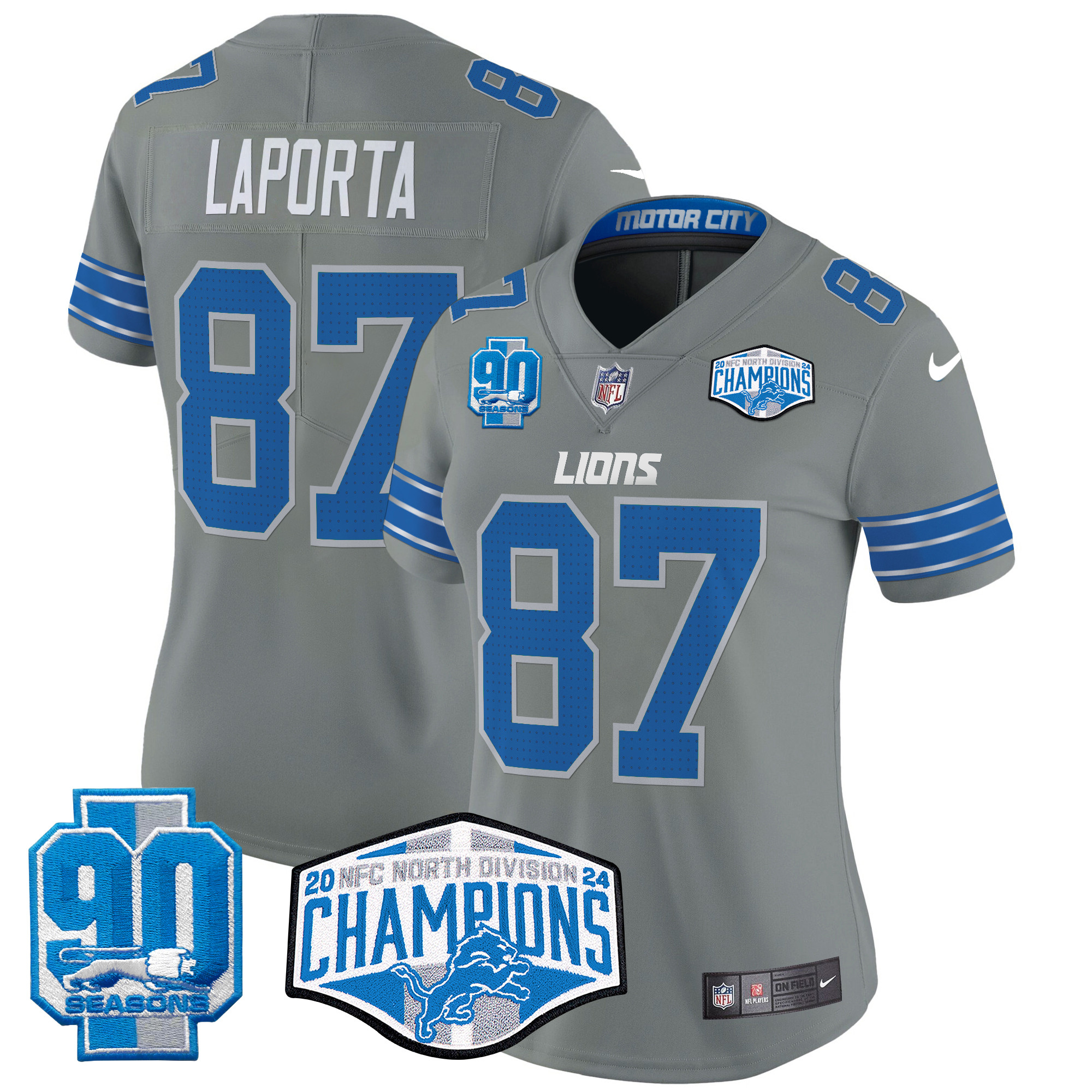Sam Laporta Women's Detroit Lions 2024 NFC North Division Champions Patch Vapor Limited Gray Jersey - All Stitched