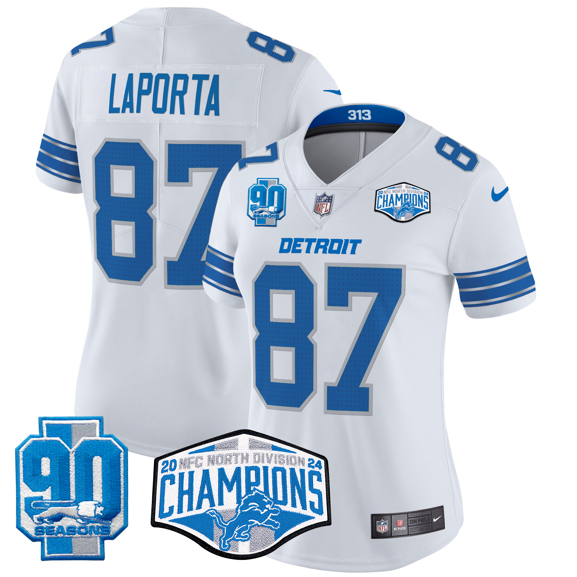 Sam Laporta Women's Detroit Lions 2024 NFC North Division Champions Patch Vapor Limited White Jersey - All Stitched