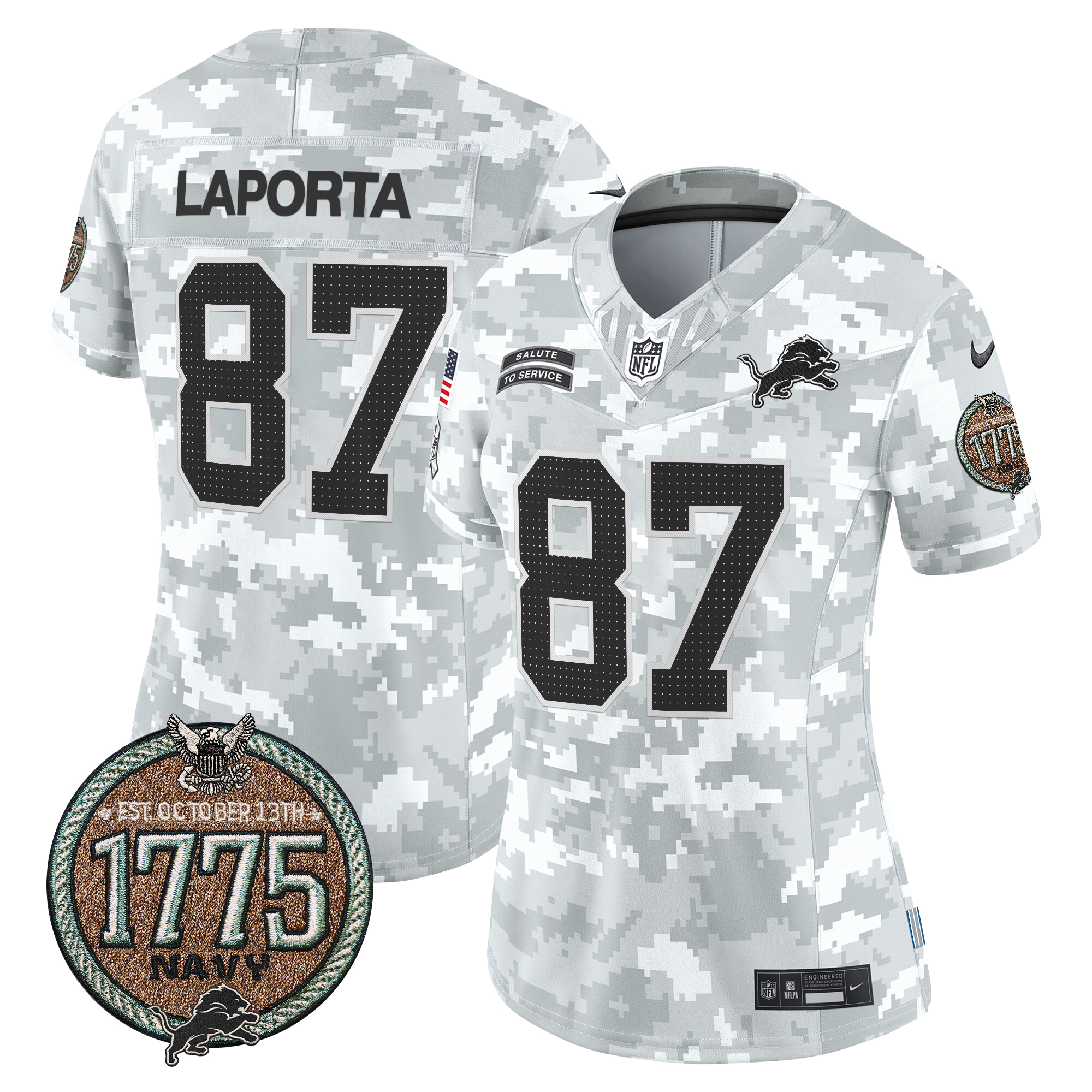 Sam Laporta Women's Detroit Lions 2024 Salute to Service Establishment Year Patch Vapor Limited Navy Jersey - All Stitched