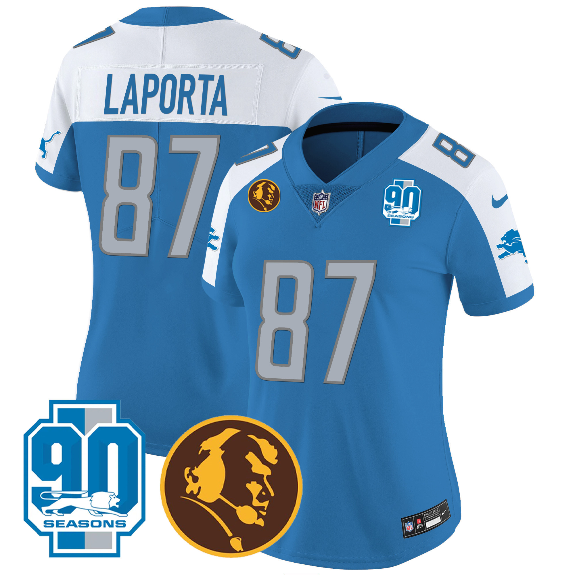 Sam Laporta Women's Detroit Lions 90th & John Madden Patch Blue Alternate Jersey - All Stitched