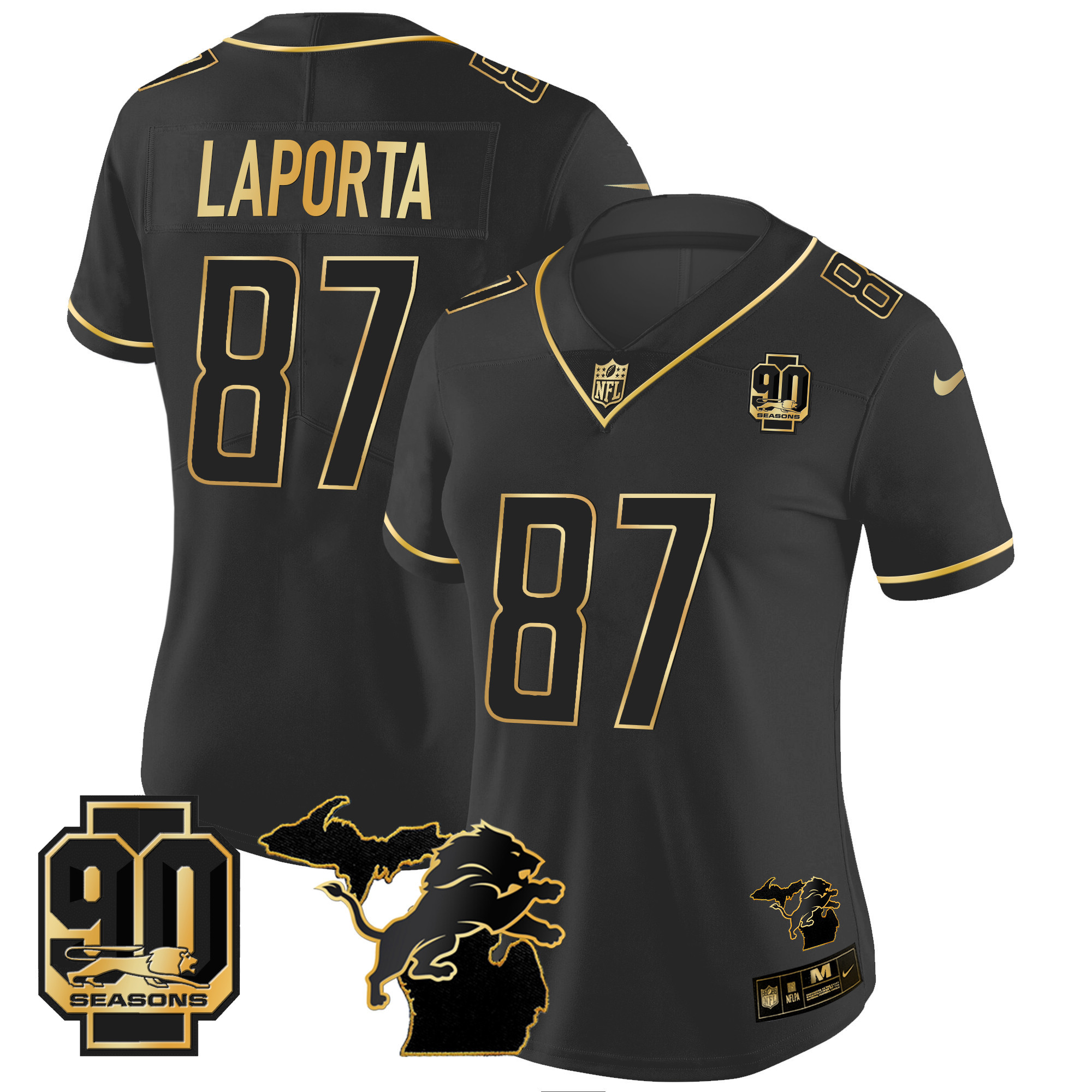 Sam Laporta Women's Detroit Lions 90th Year & Michigan Patch Gold Vapor Black Gold Jersey - All Stitched
