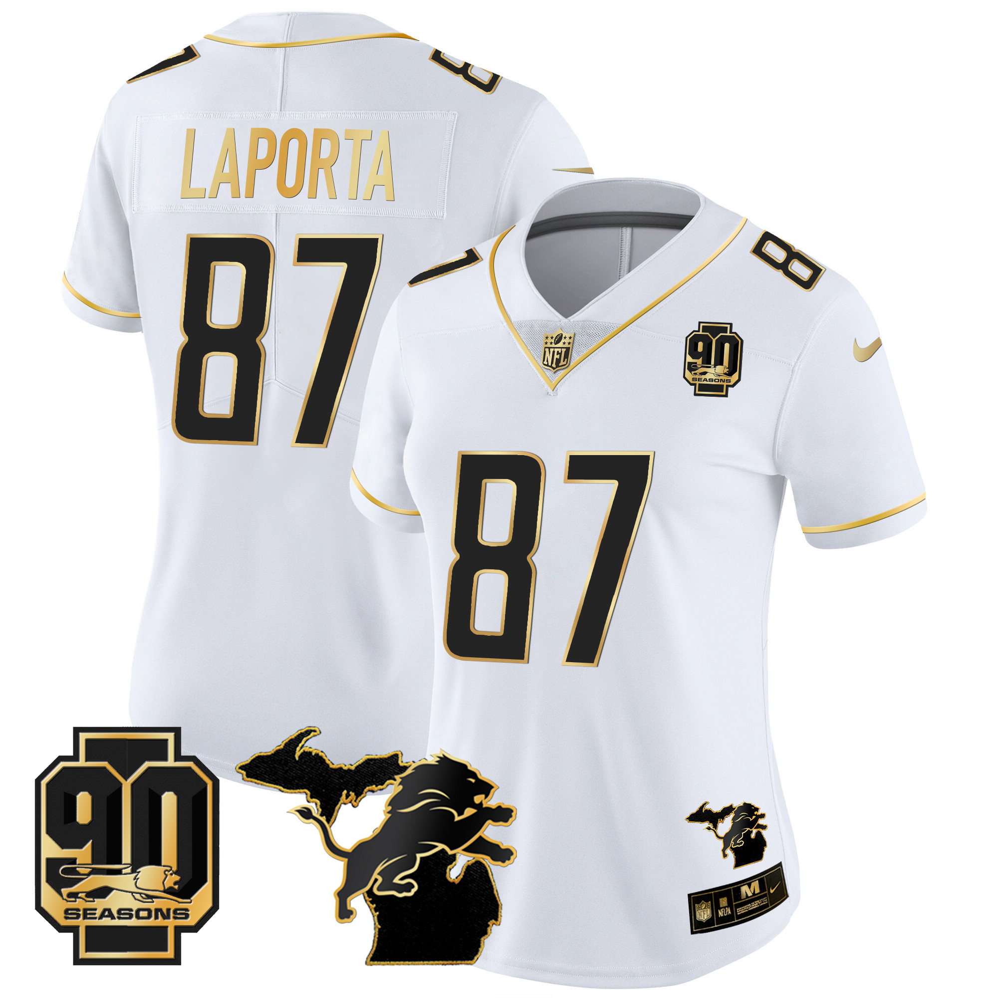 Sam Laporta Women's Detroit Lions 90th Year & Michigan Patch Gold Vapor White Gold Jersey - All Stitched