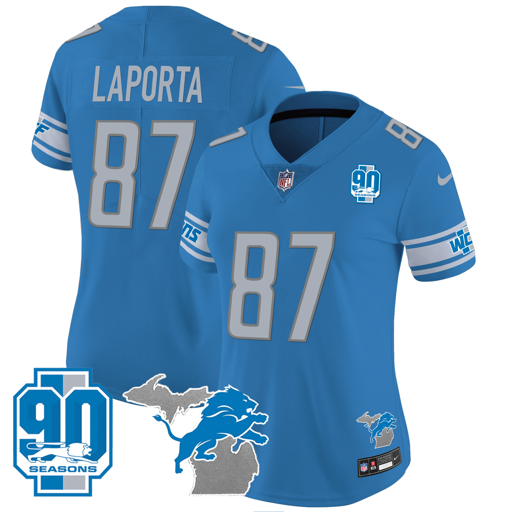Sam Laporta Women's Detroit Lions 90th Year & Michigan Patch Vapor Blue Jersey - All Stitched