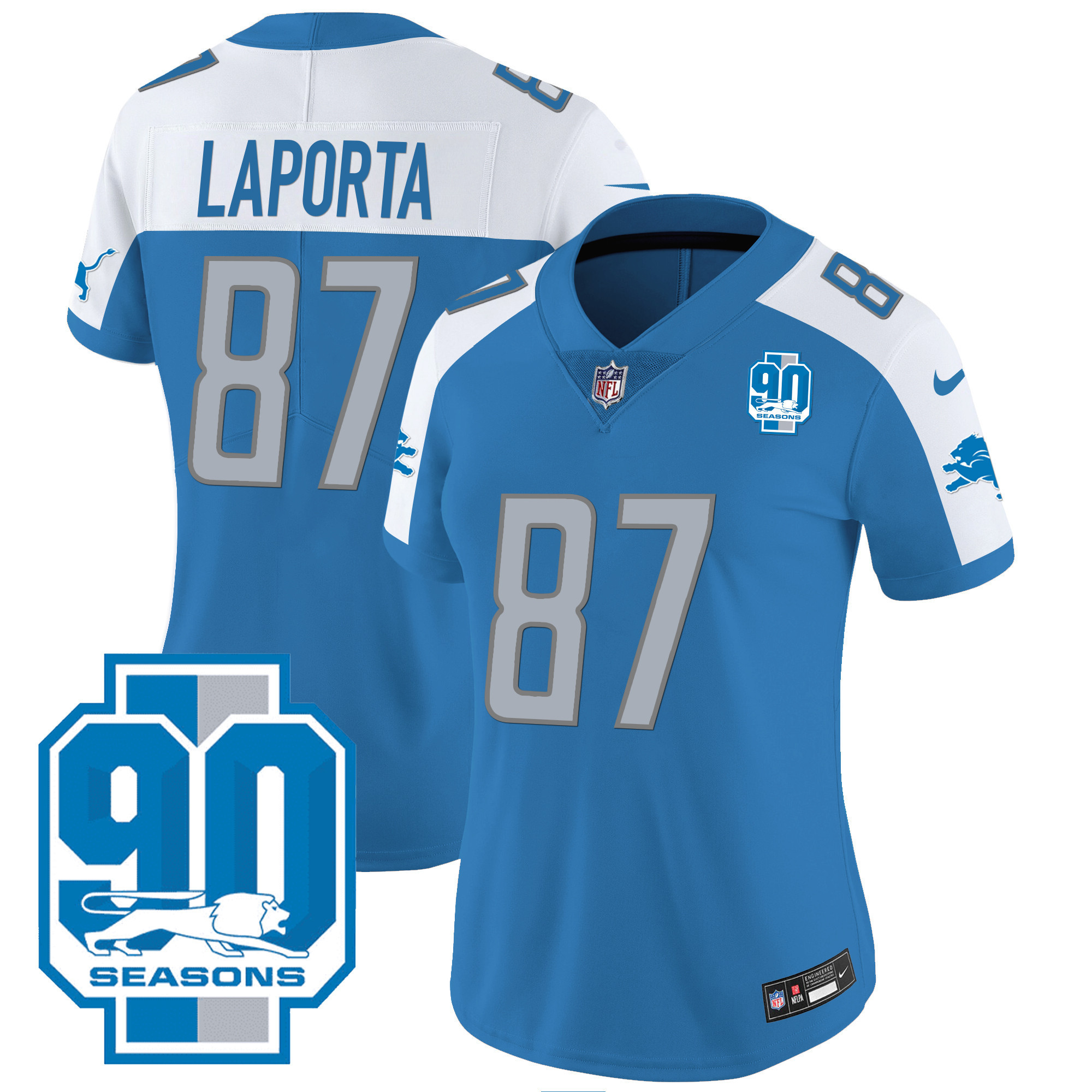 Sam Laporta Women's Detroit Lions 90th Year Patch Blue Alternate Jersey - All Stitched