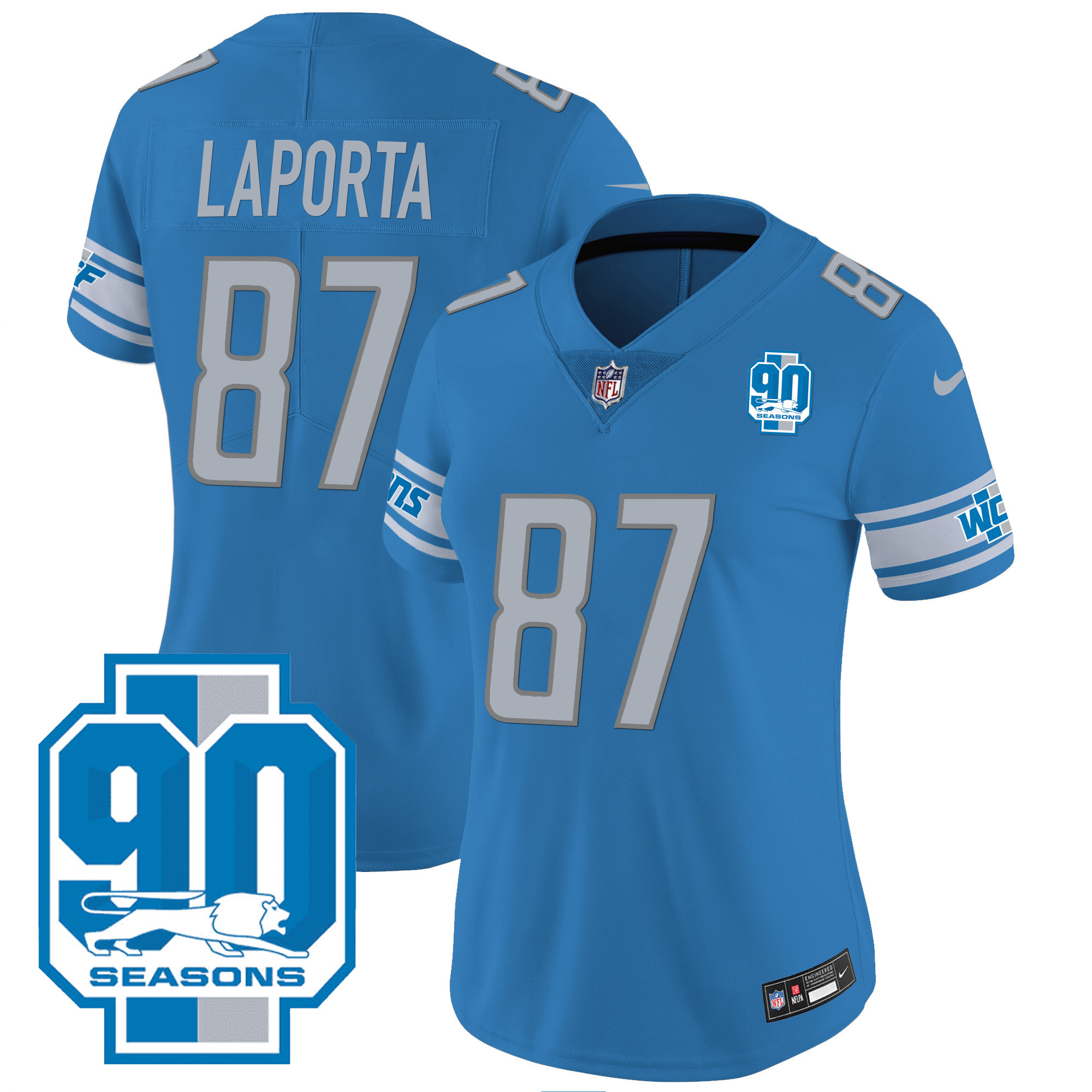 Sam Laporta Women's Detroit Lions 90th Year Patch Blue Jersey - All Stitched