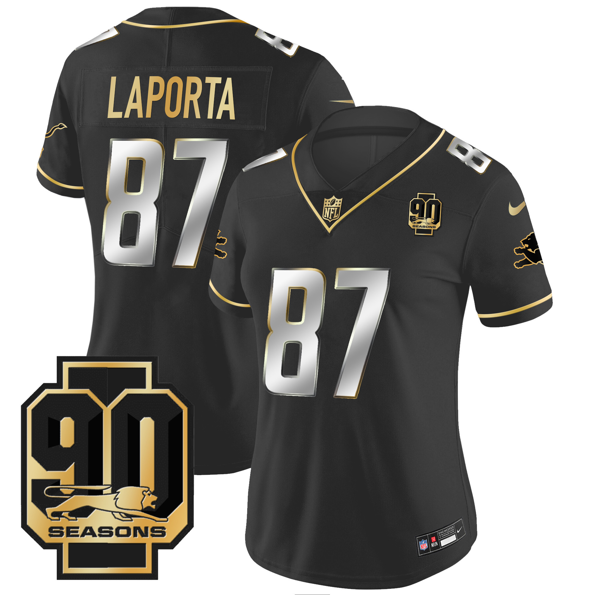 Sam Laporta Women's Detroit Lions 90th Year Patch Gold Black Limited Jersey - All Stitched