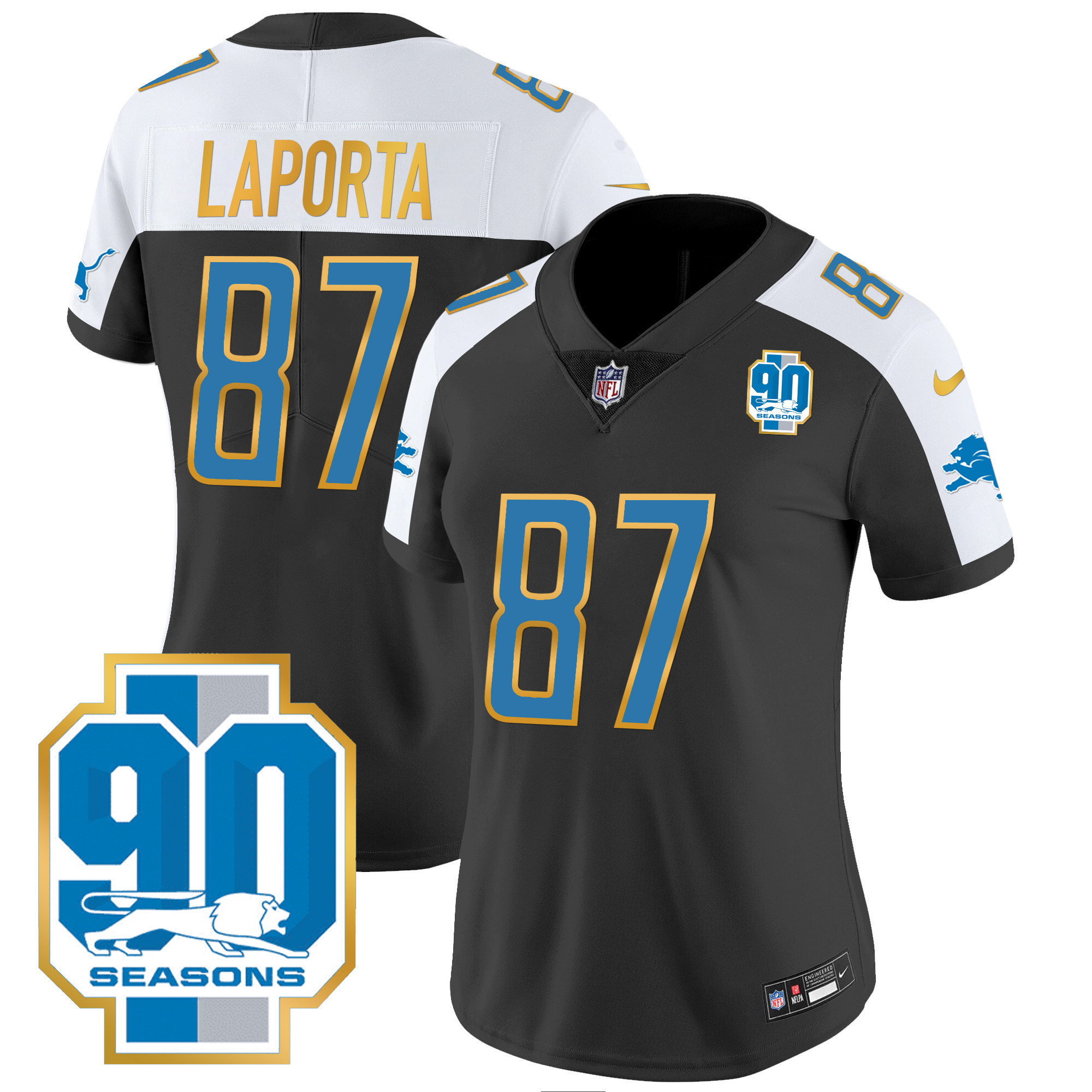 Sam Laporta Women's Detroit Lions 90th Year Patch Gold Trim Black Alternate Jersey - All Stitched