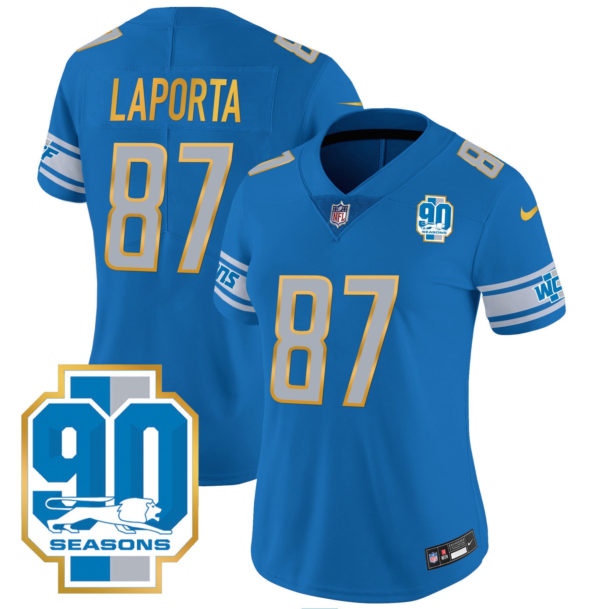 Sam Laporta Women's Detroit Lions 90th Year Patch Gold Trim Blue Jersey - All Stitched