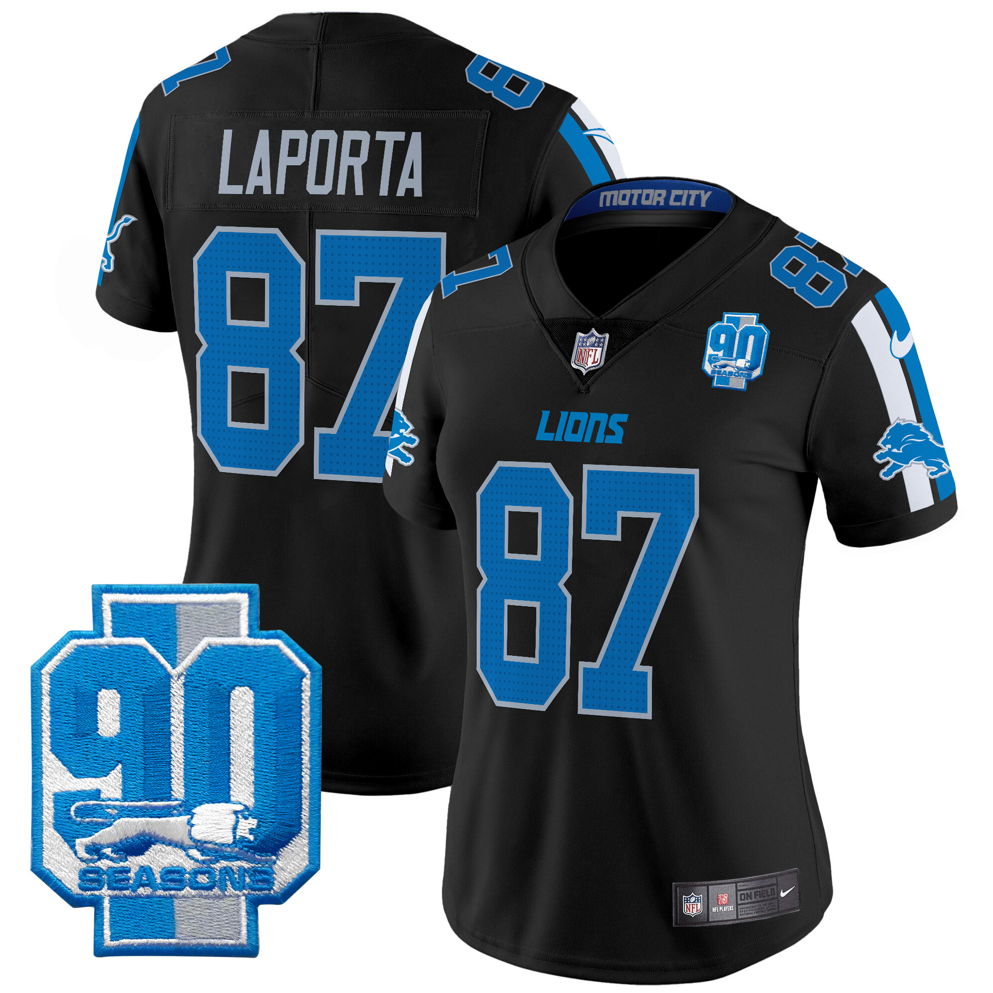 Sam Laporta Women's Detroit Lions 90th Year Patch Vapor Limited Black Jersey - All Stitched