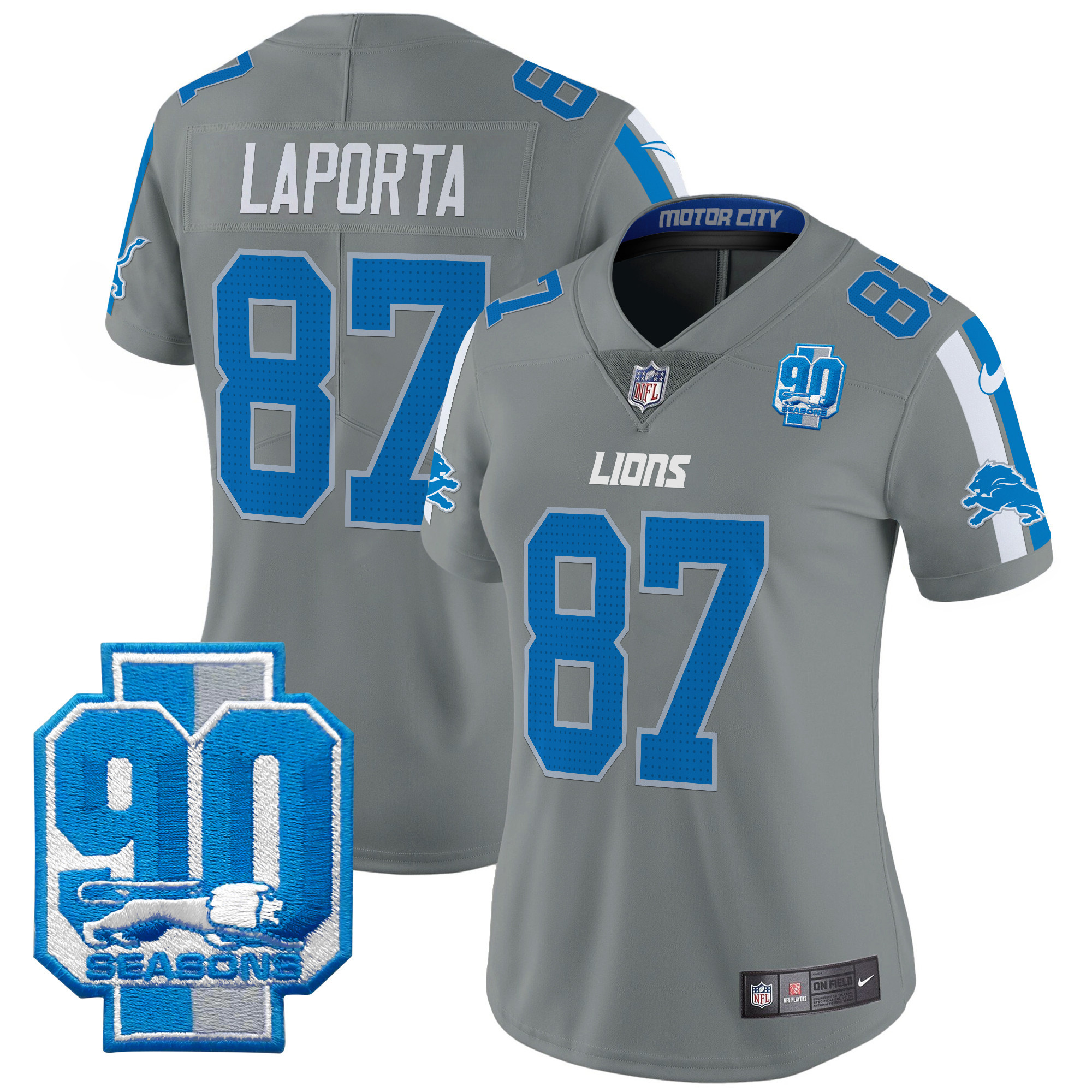 Sam Laporta Women's Detroit Lions 90th Year Patch Vapor Limited Gray Jersey - All Stitched