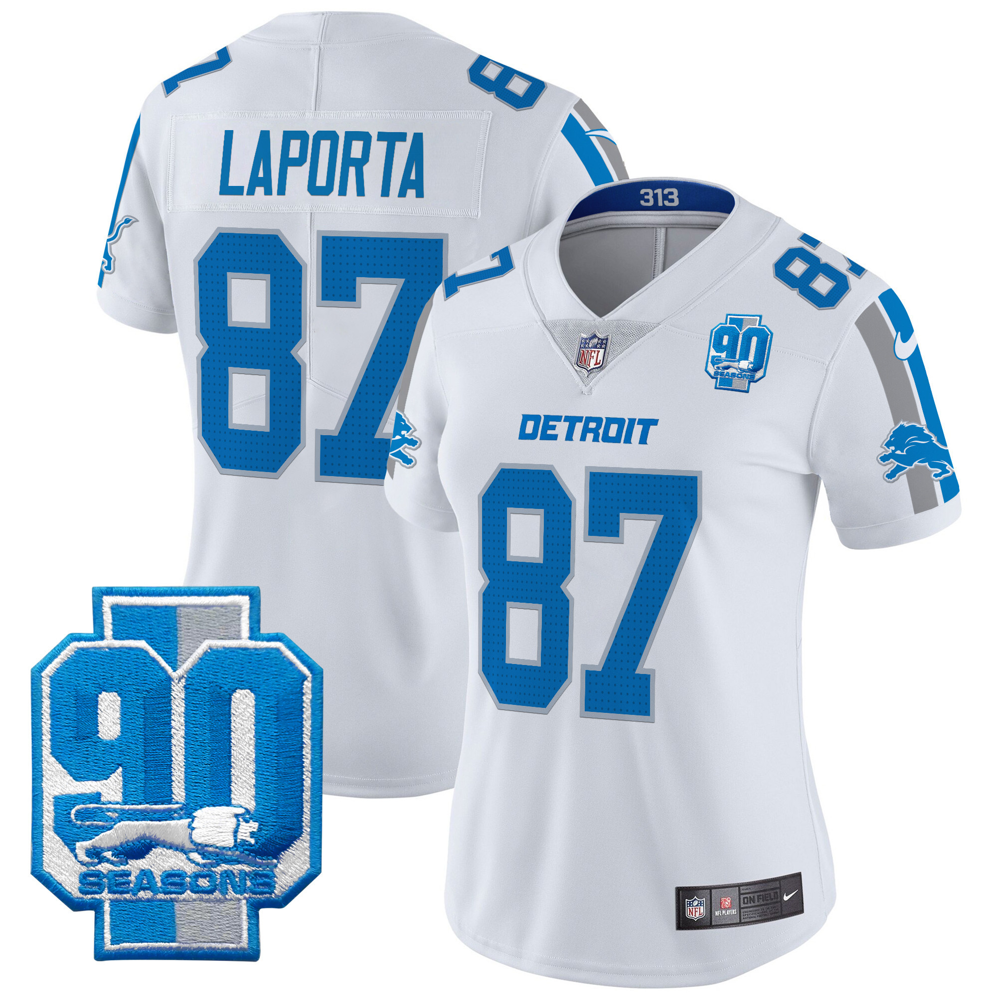 Sam Laporta Women's Detroit Lions 90th Year Patch Vapor Limited White Jersey - All Stitched