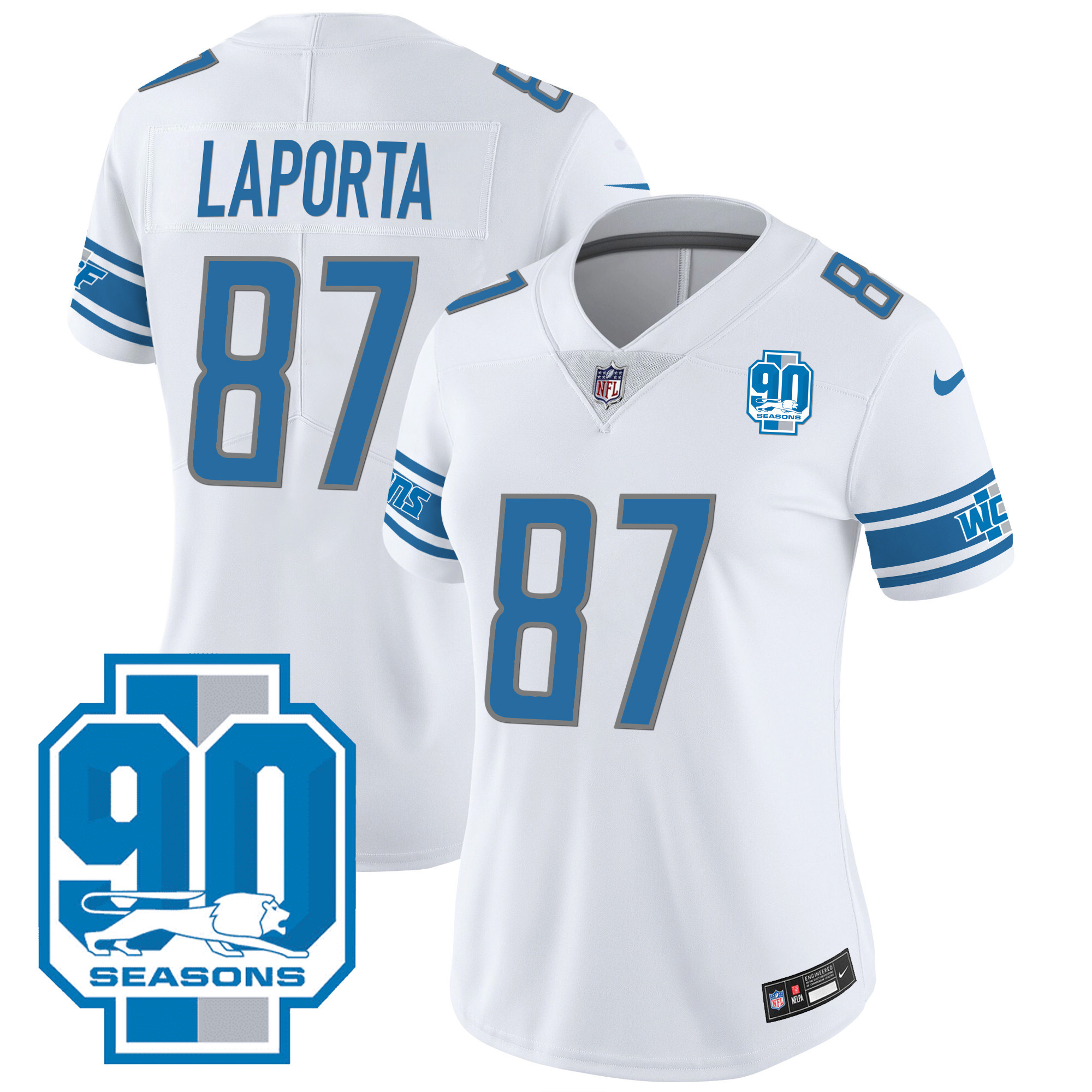 Sam Laporta Women's Detroit Lions 90th Year Patch White Jersey - All Stitched