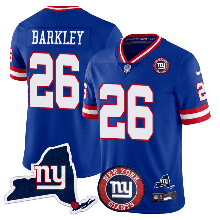 Saquon Barkley Men's New York Giants New York State & Logo Patch Limited Royal Jersey - All Stitched