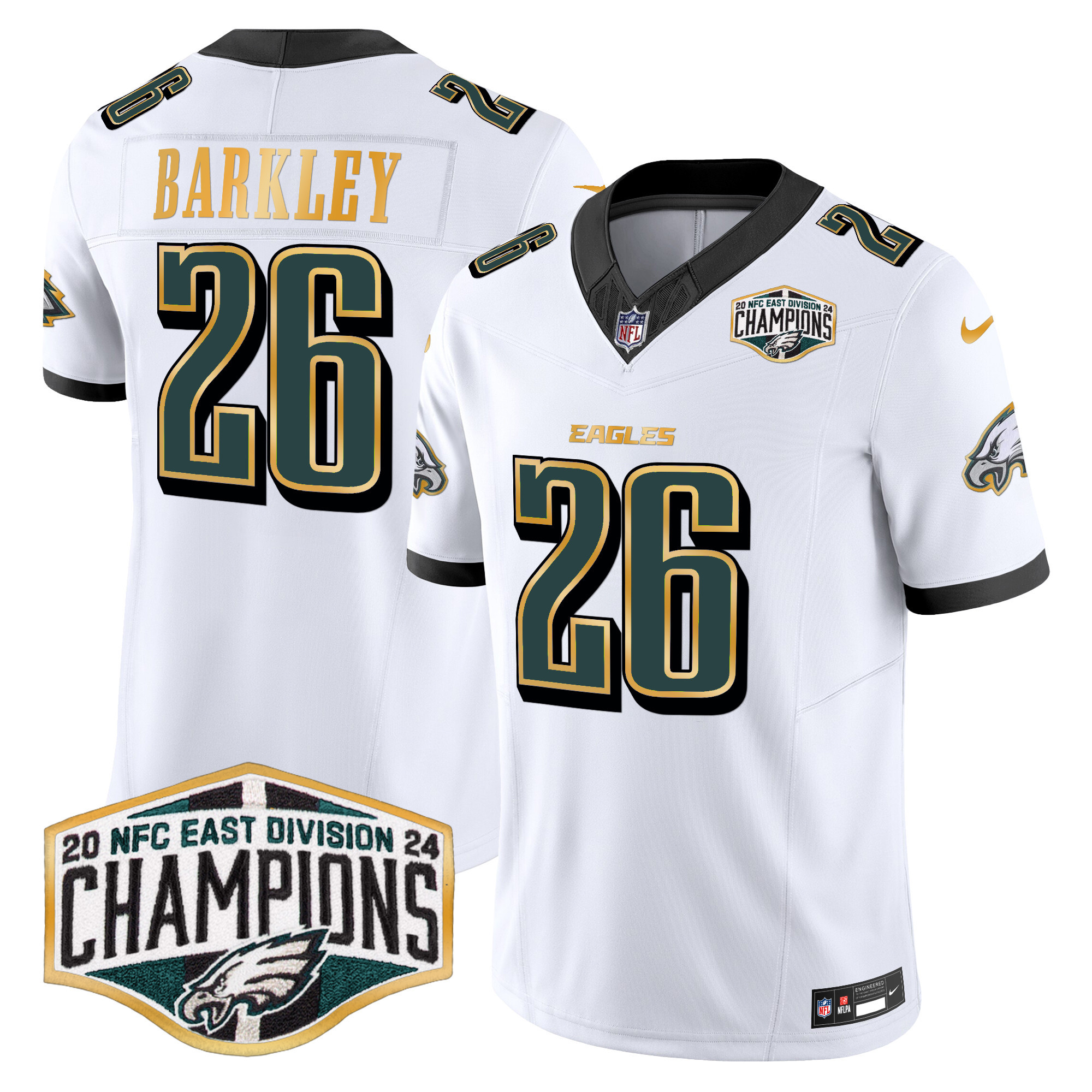 Saquon Barkley Men's Philadelphia Eagles 2024 NFC East Division Champions Gold Trim Vapor Limited White Jersey - All Stitched