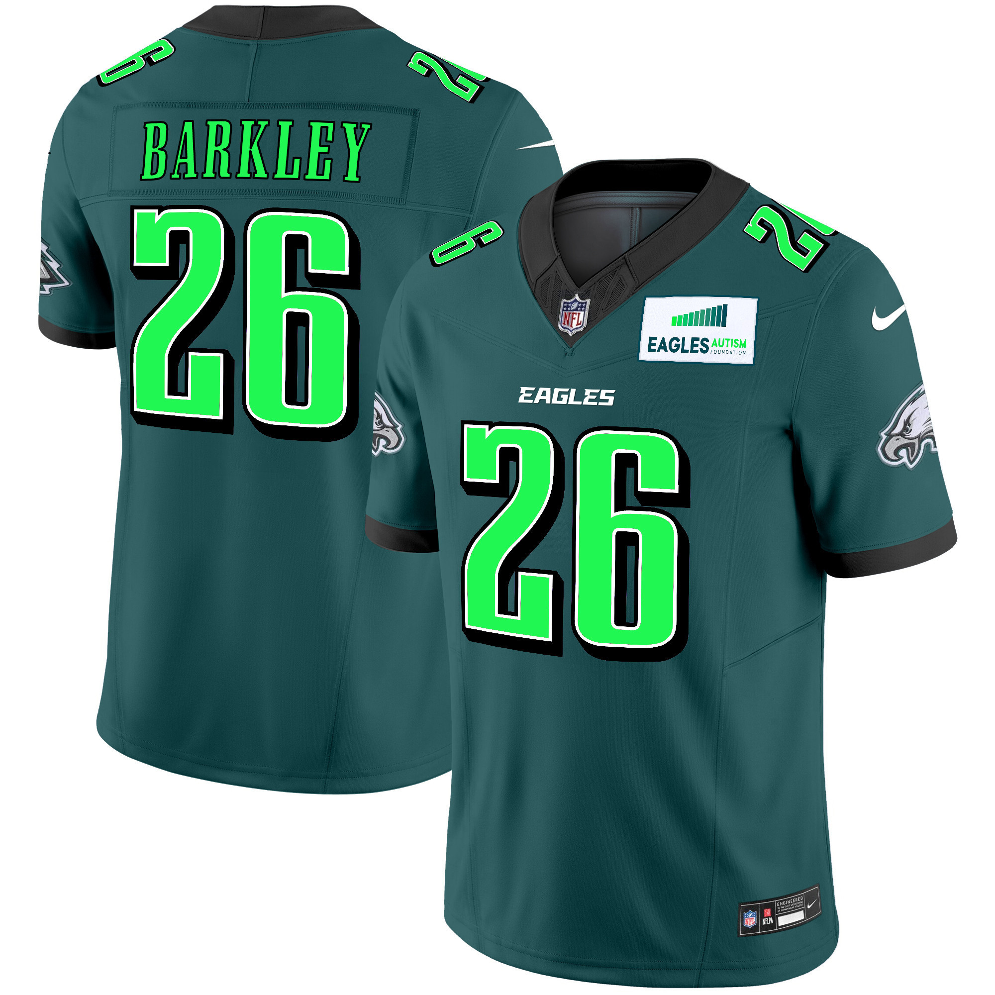 Saquon Barkley Men's Philadelphia Eagles Autism Foundation Patch Vapor Limited Midnight Green Jersey - All Stitched