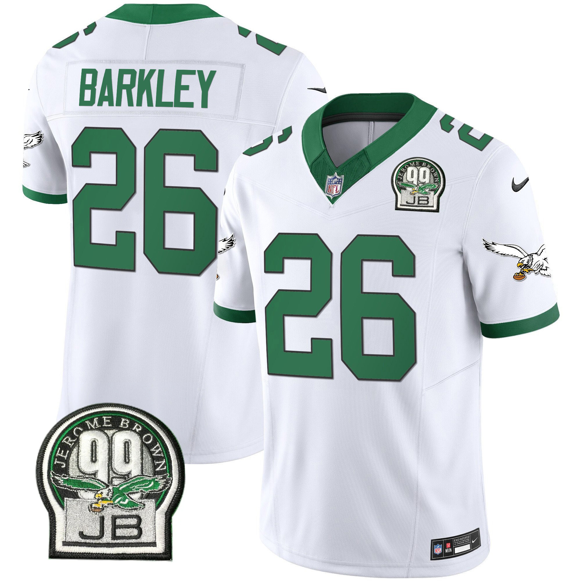 Saquon Barkley Men's Philadelphia Eagles Jerome Brown Patch Kelly Green Alternate Kelly White Jersey - All Stitched