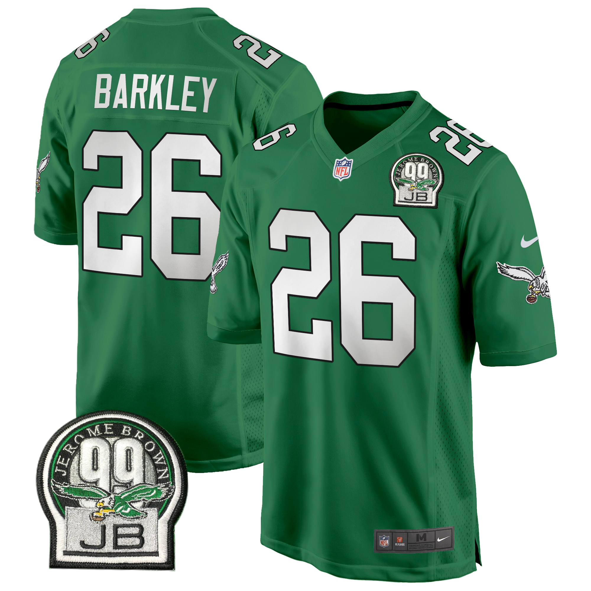 Saquon Barkley Men's Philadelphia Eagles Jerome Brown Patch Kelly Green Game Kelly Green Jersey - All Stitched