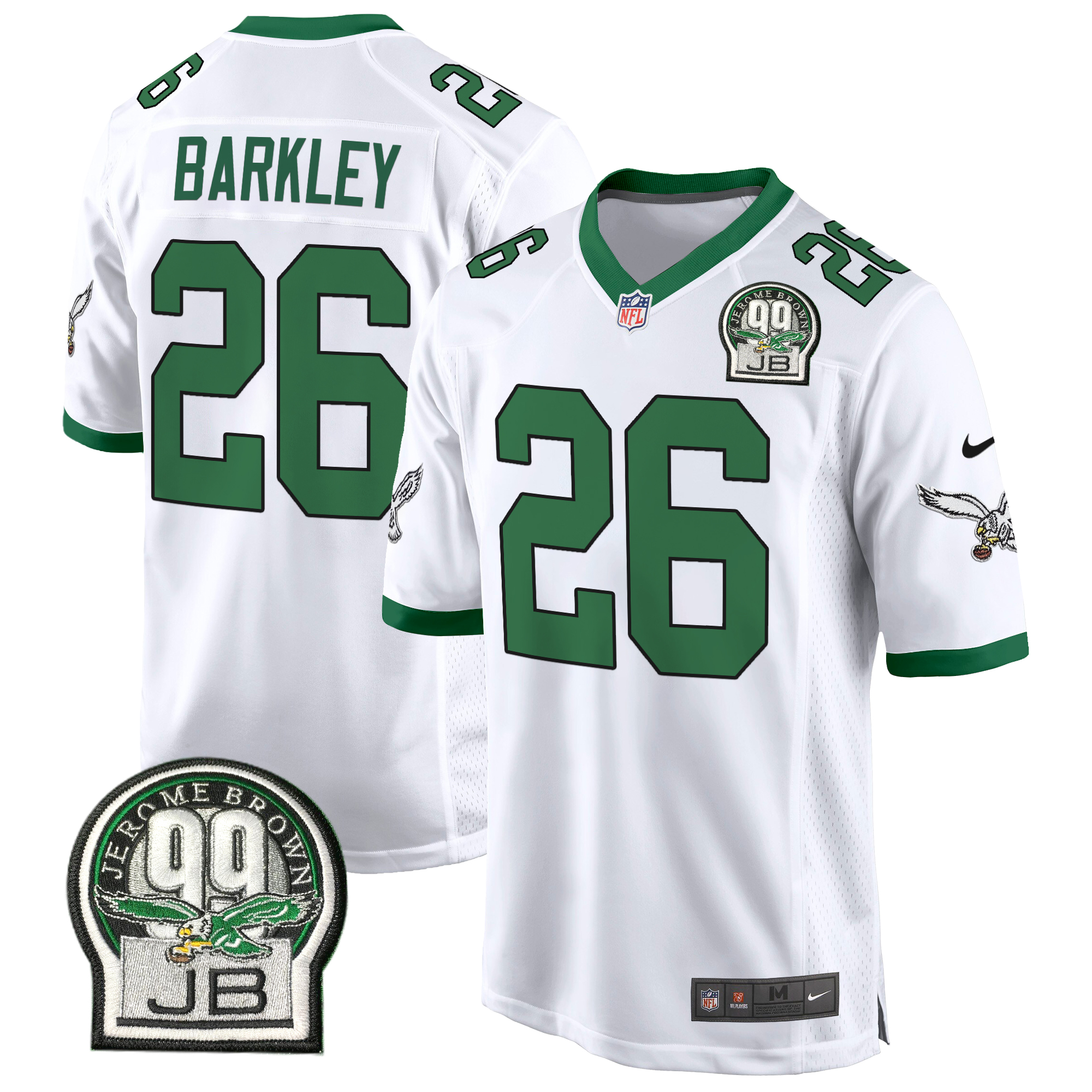 Saquon Barkley Men's Philadelphia Eagles Jerome Brown Patch Kelly Green Game Kelly White Jersey - All Stitched