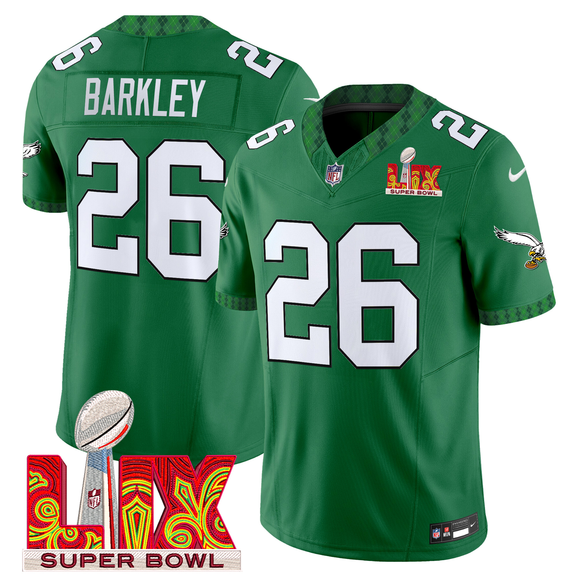 Saquon Barkley Men's Philadelphia Eagles Kelly Green St. Patrick's Day Super Bowl LIX Patch Vapor Limited Kelly Green Jersey - All Stitched