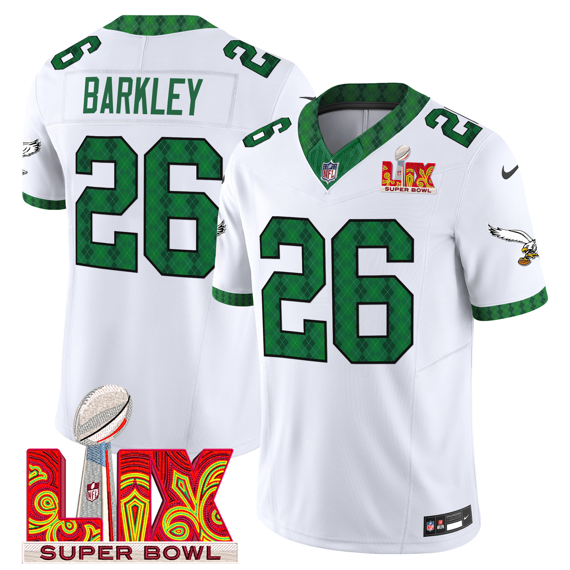 Saquon Barkley Men's Philadelphia Eagles Kelly Green St. Patrick's Day Super Bowl LIX Patch Vapor Limited Kelly White Jersey - All Stitched