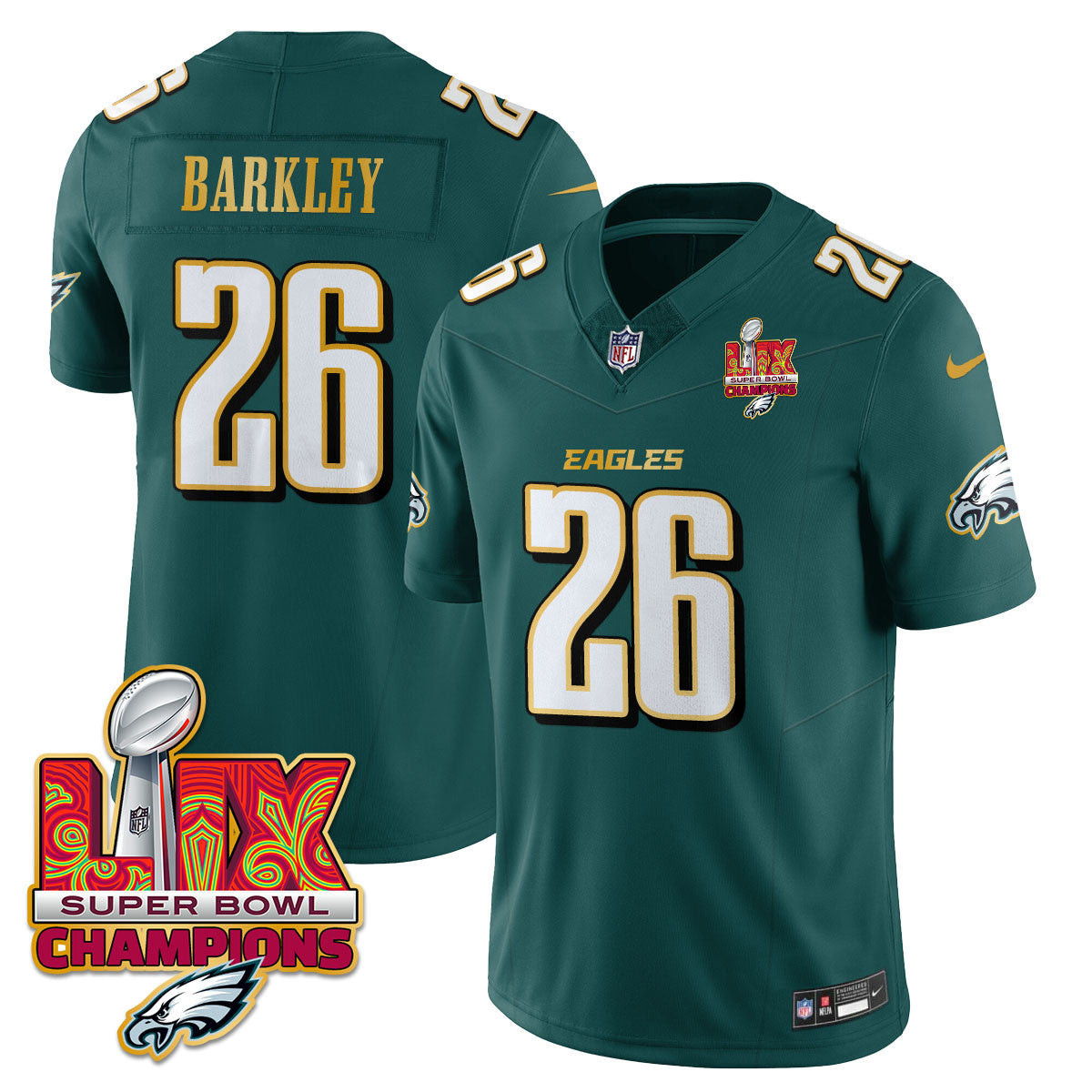 Saquon Barkley Men's Philadelphia Eagles Super Bowl LIX Champions Gold Trim Vapor Limited Midnight Green Jersey - All Stitched
