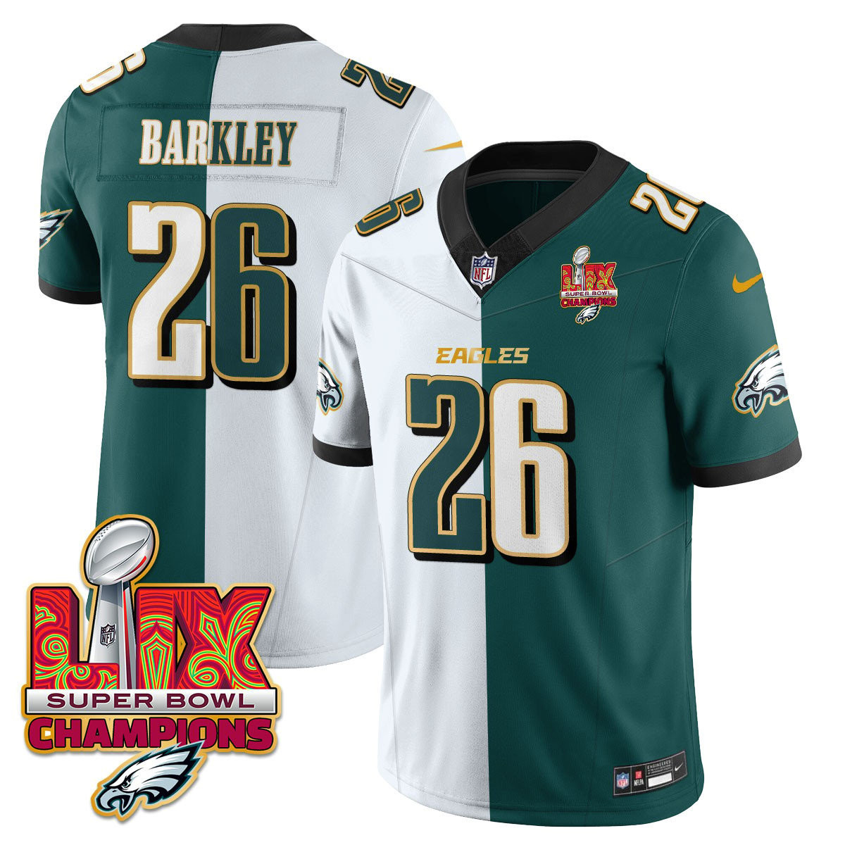 Saquon Barkley Men's Philadelphia Eagles Super Bowl LIX Champions Gold Trim Vapor Limited Split Jersey - All Stitched