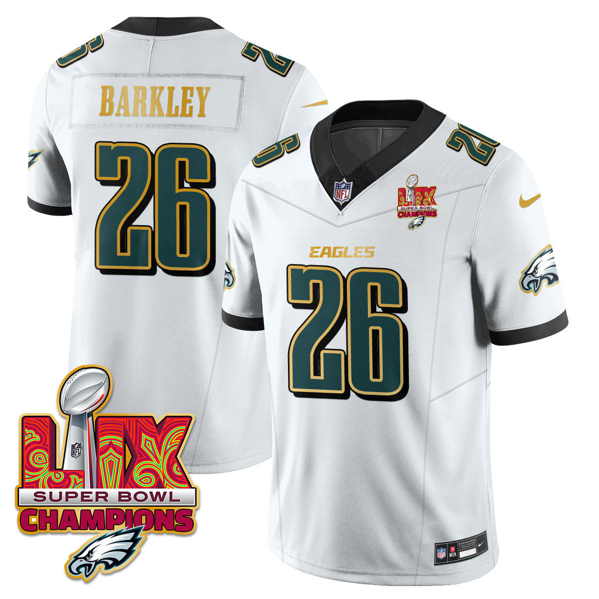 Saquon Barkley Men's Philadelphia Eagles Super Bowl LIX Champions Gold Trim Vapor Limited White Jersey - All Stitched