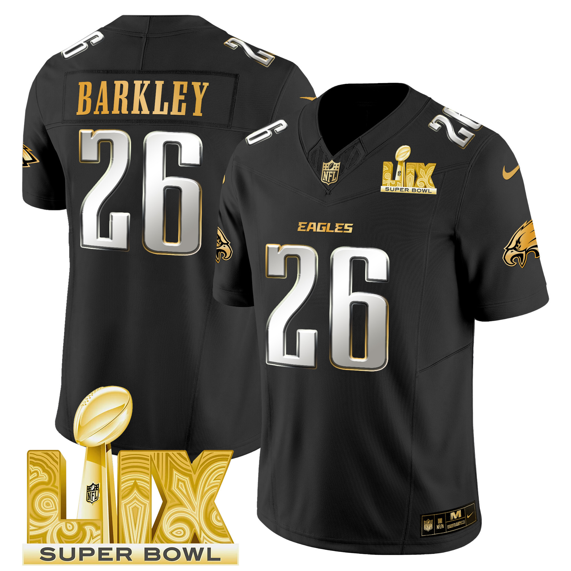 Saquon Barkley Men's Philadelphia Eagles Super Bowl LIX Patch Gold Vapor Limited Black Limited Jersey - All Stitched