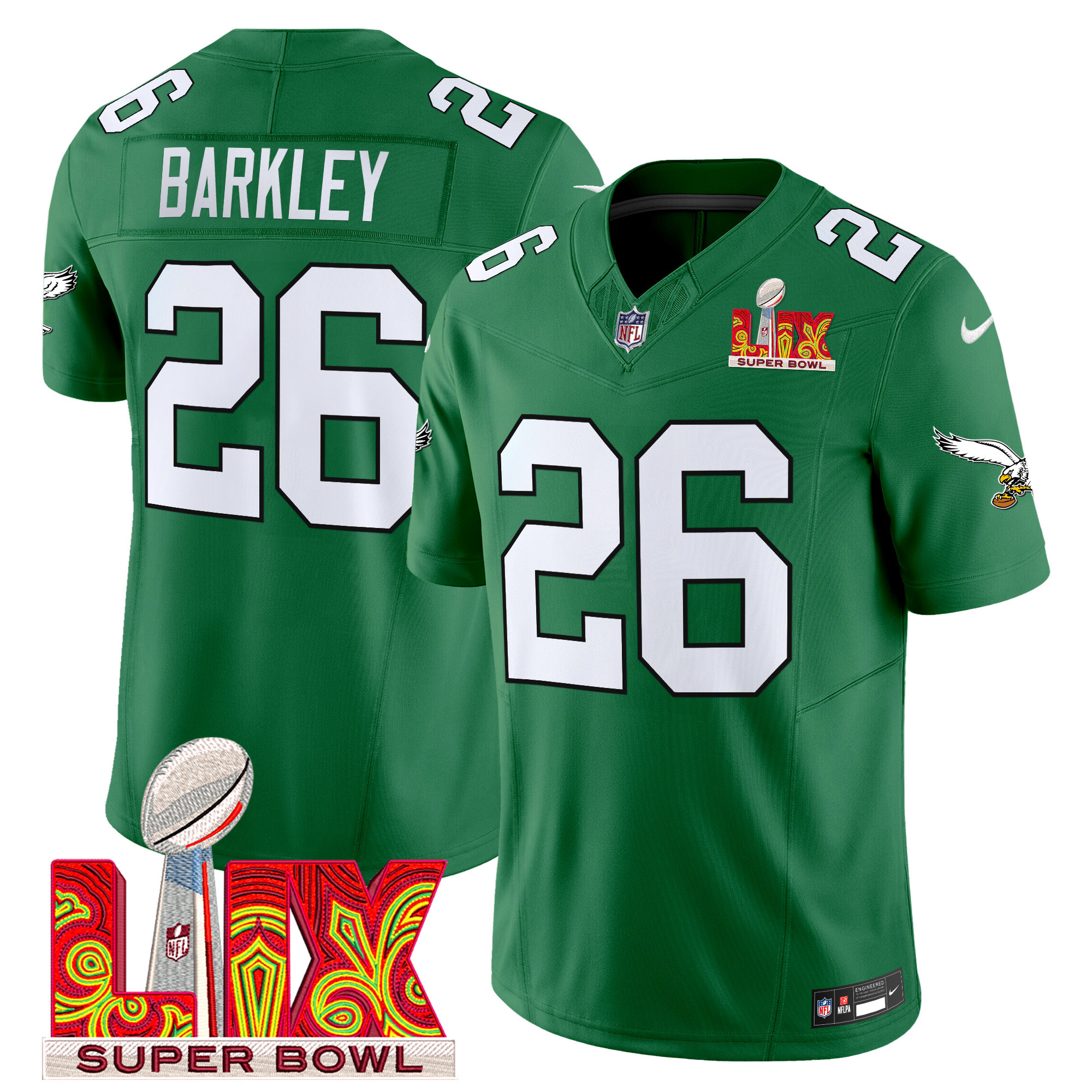 Saquon Barkley Men's Philadelphia Eagles Super Bowl LIX Patch Vapor Limited Kelly Green Jersey - All Stitched