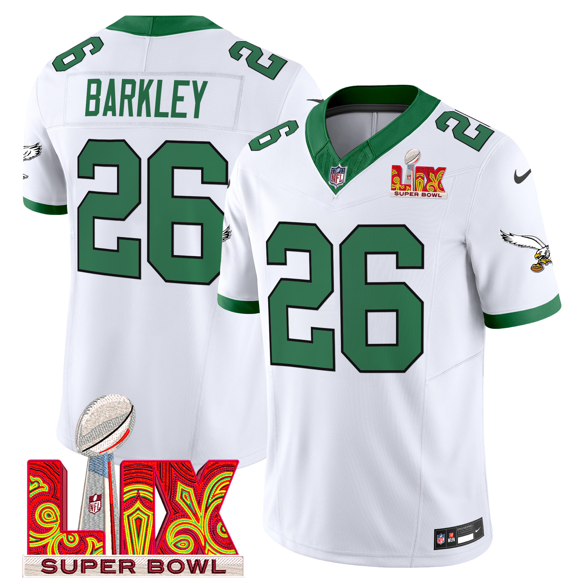 Saquon Barkley Men's Philadelphia Eagles Super Bowl LIX Patch Vapor Limited Kelly White Jersey - All Stitched