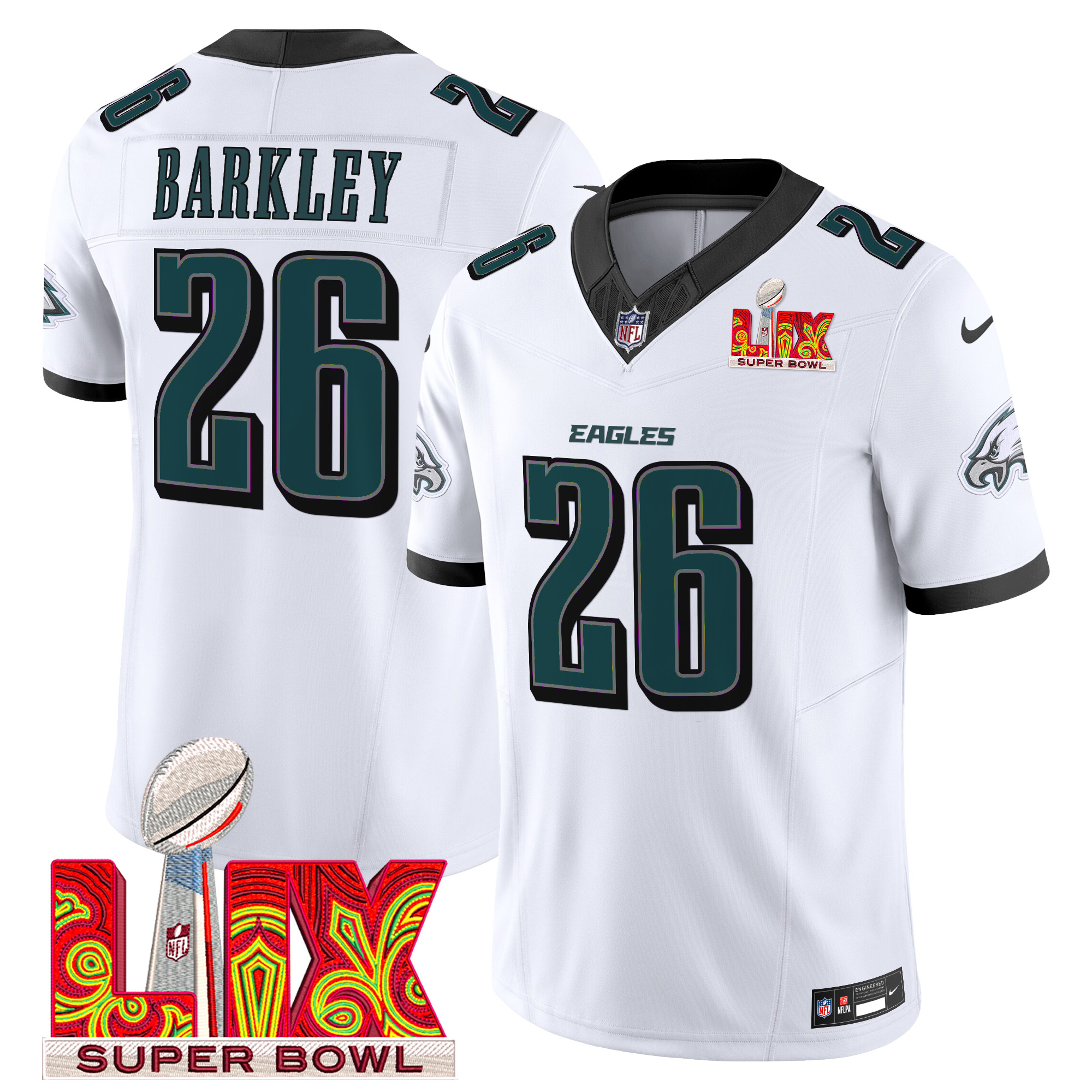 Saquon Barkley Men's Philadelphia Eagles Super Bowl LIX Patch Vapor Limited White Jersey - All Stitched