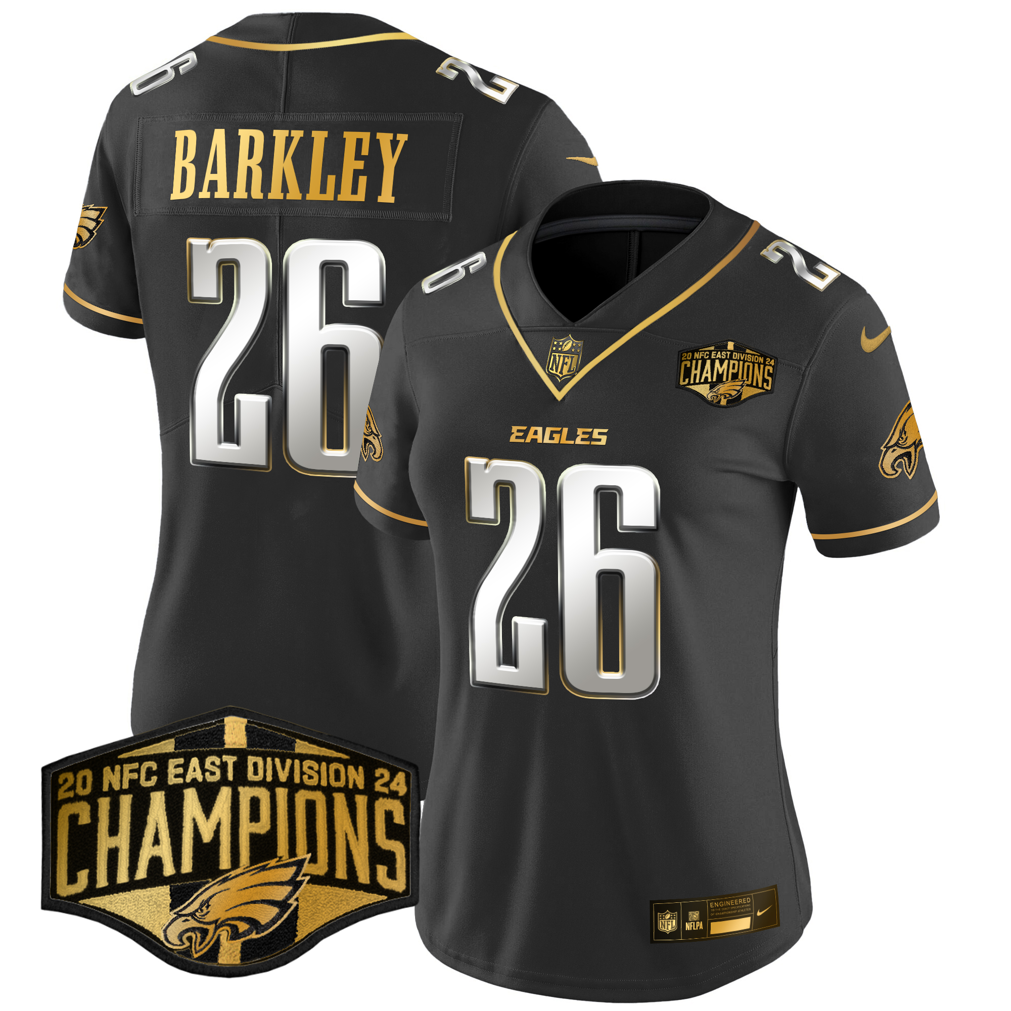 Saquon Barkley Women's Philadelphia Eagles 2024 NFC East Division Champions Gold Vapor Limited Black Limited Jersey - All Stitched