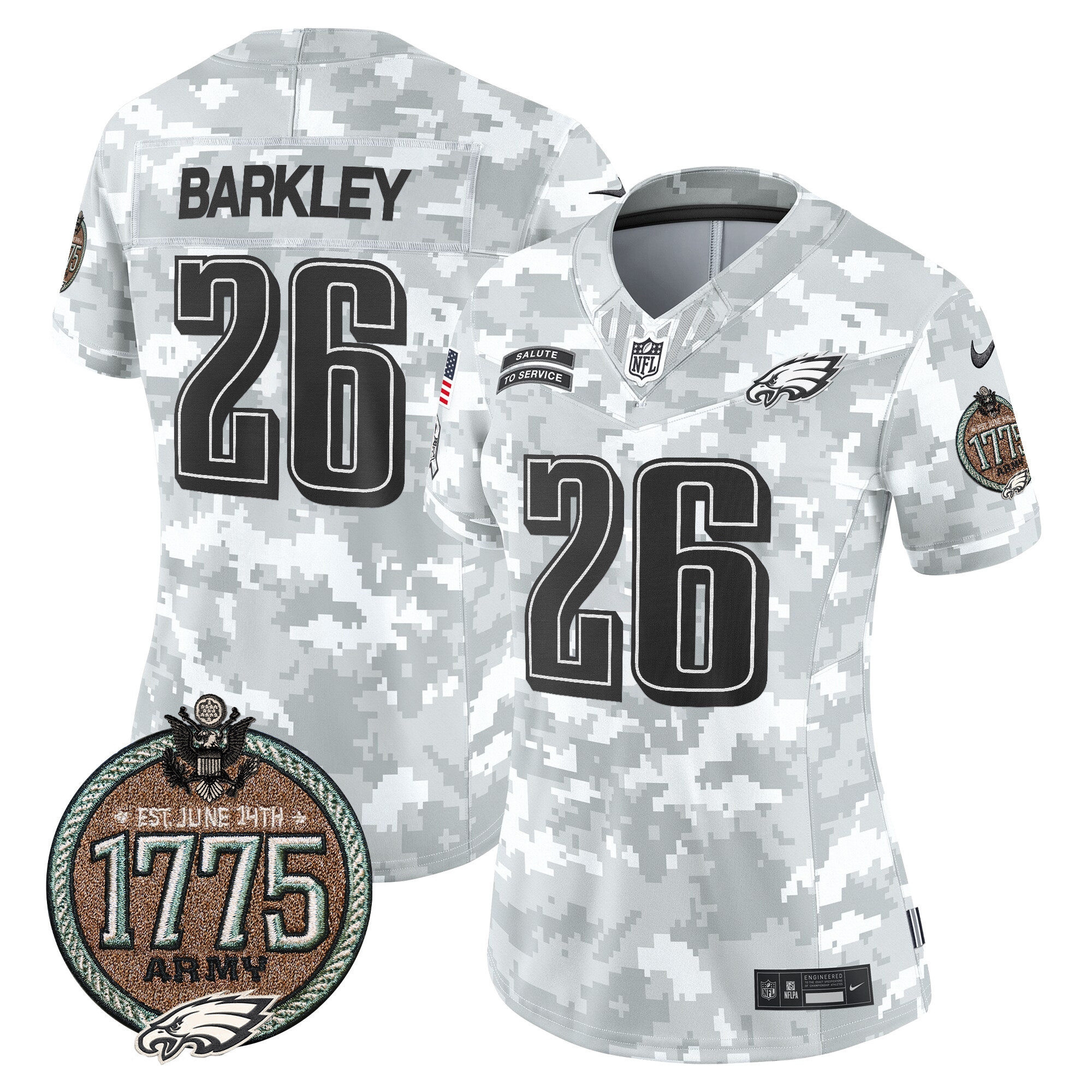 Saquon Barkley Women's Philadelphia Eagles 2024 Salute to Service Establishment Year Patch Vapor Limited Army Jersey - All Stitched