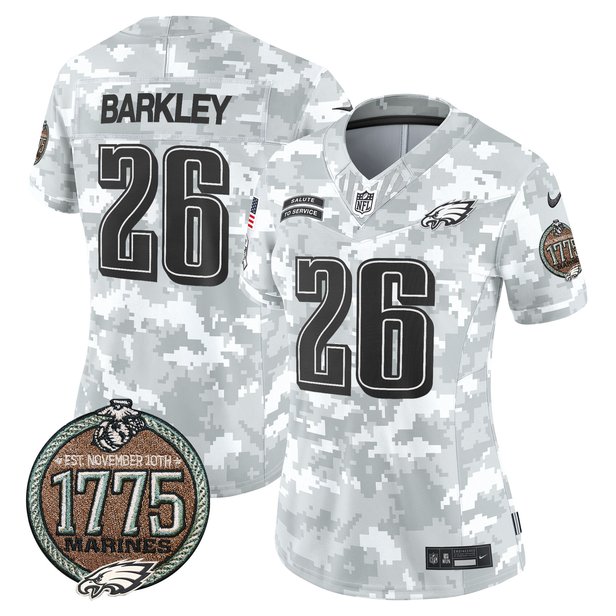 Saquon Barkley Women's Philadelphia Eagles 2024 Salute to Service Establishment Year Patch Vapor Limited Marines Jersey - All Stitched